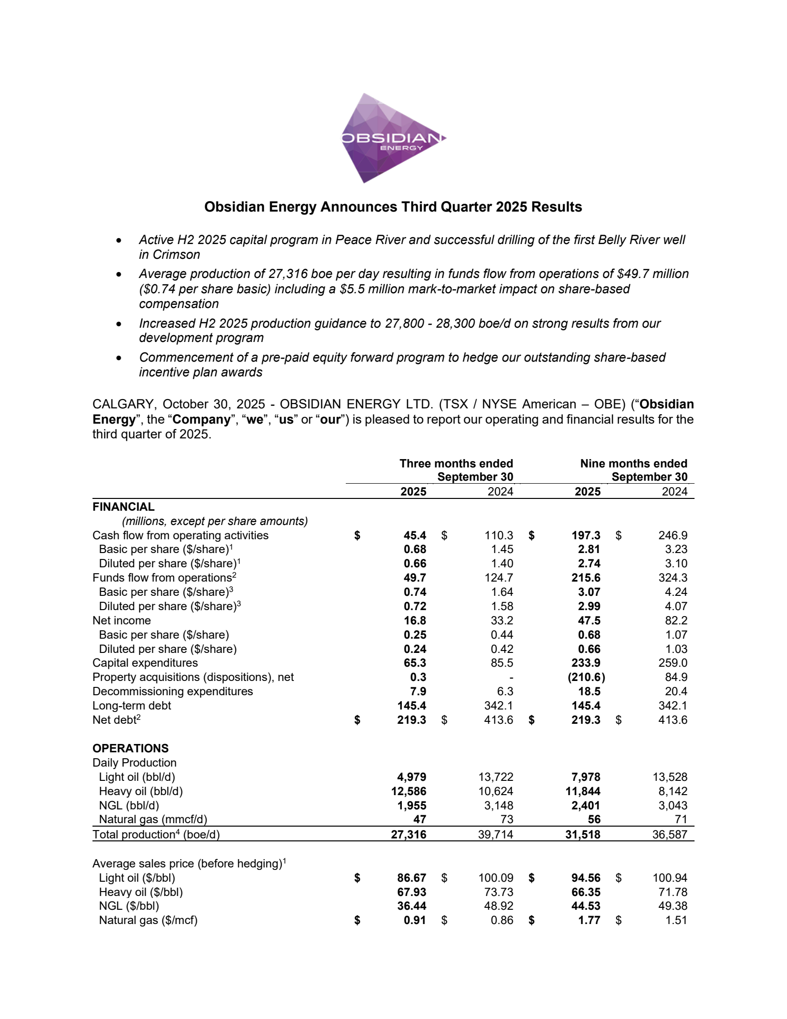 Obsidian Energy's Q3 2025 Earnings Release