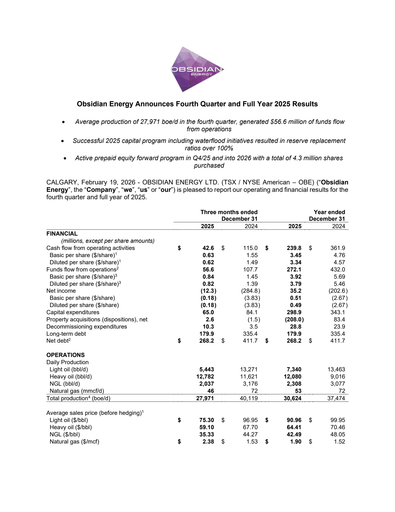 Obsidian Energy's Q4 2025 Press Release