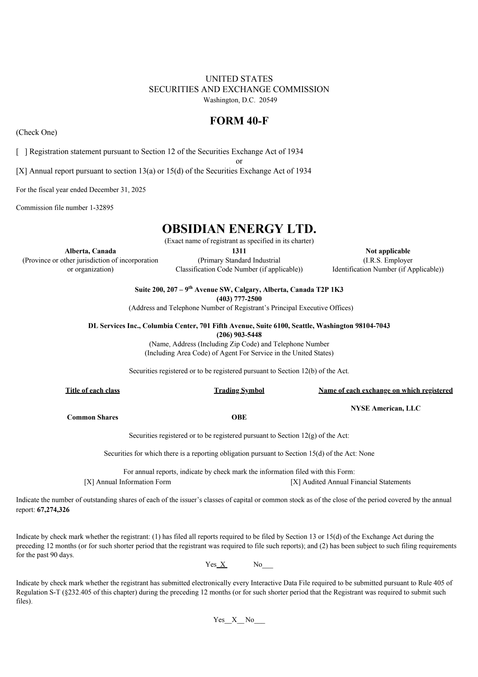 Obsidian Energy's Q4 2025 Annual report