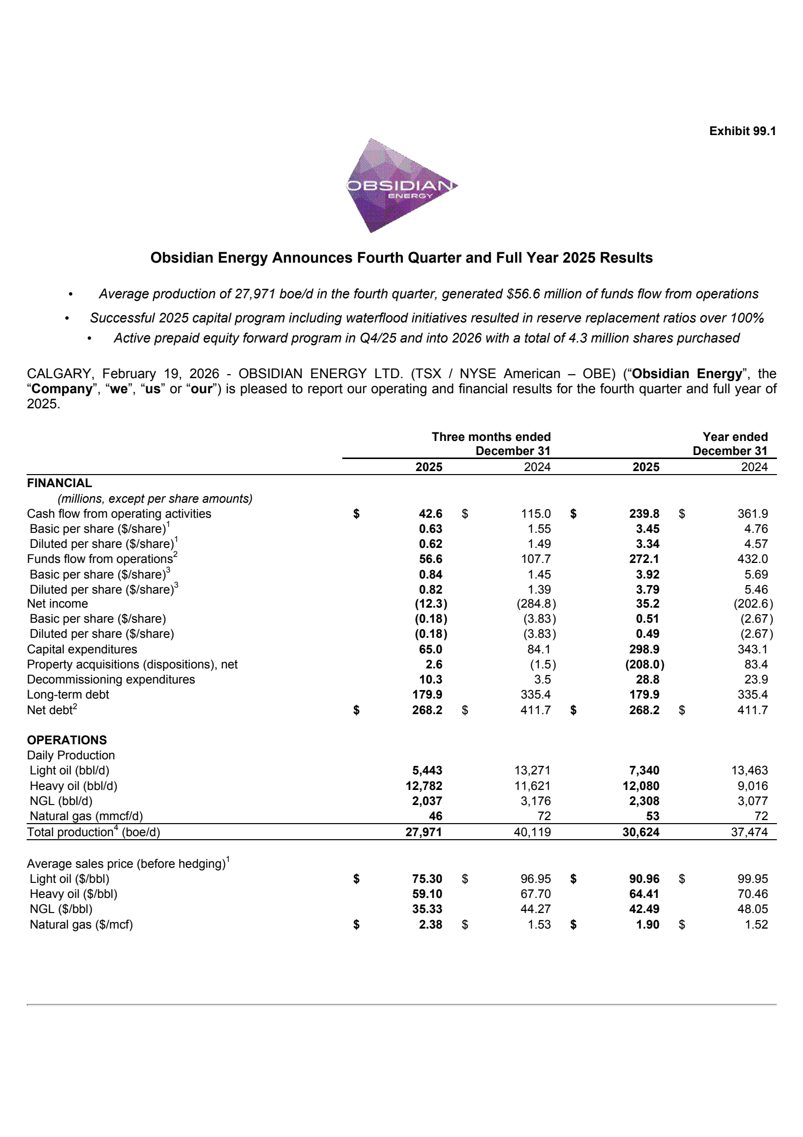 Obsidian Energy's Q4 2025 Press Release