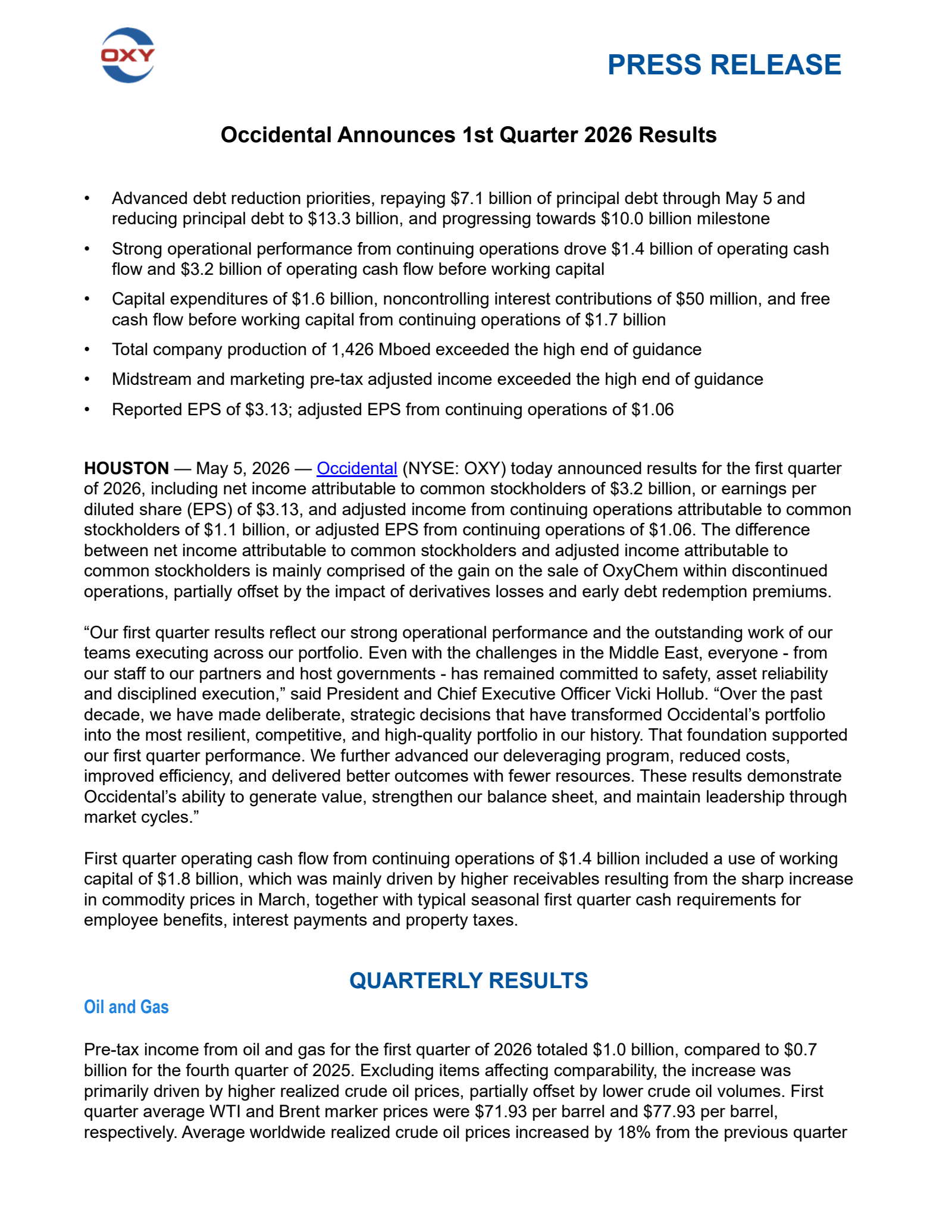 Occidental Petroleum's Q1 2026 Press Release