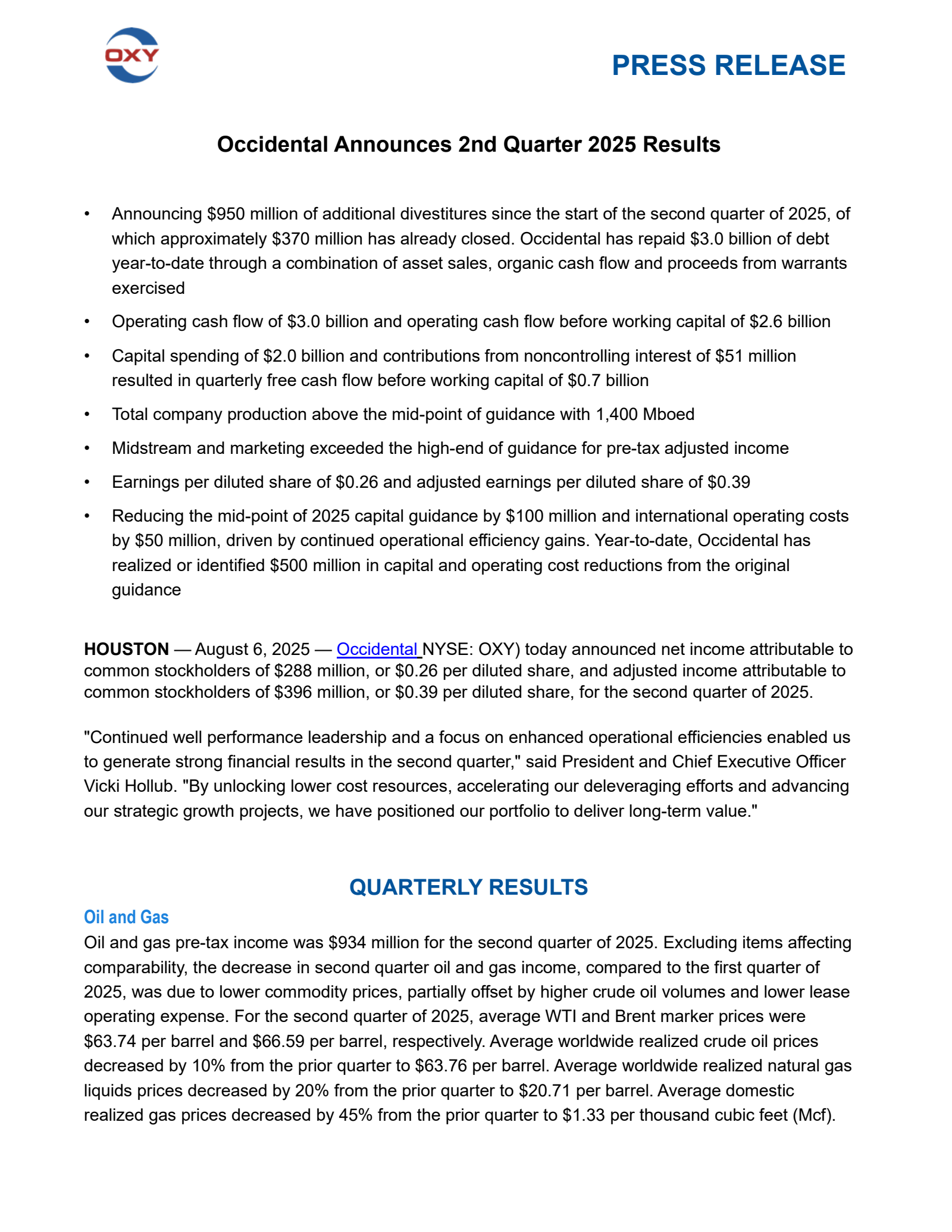 Occidental Petroleum's Q2 2025 Press Release