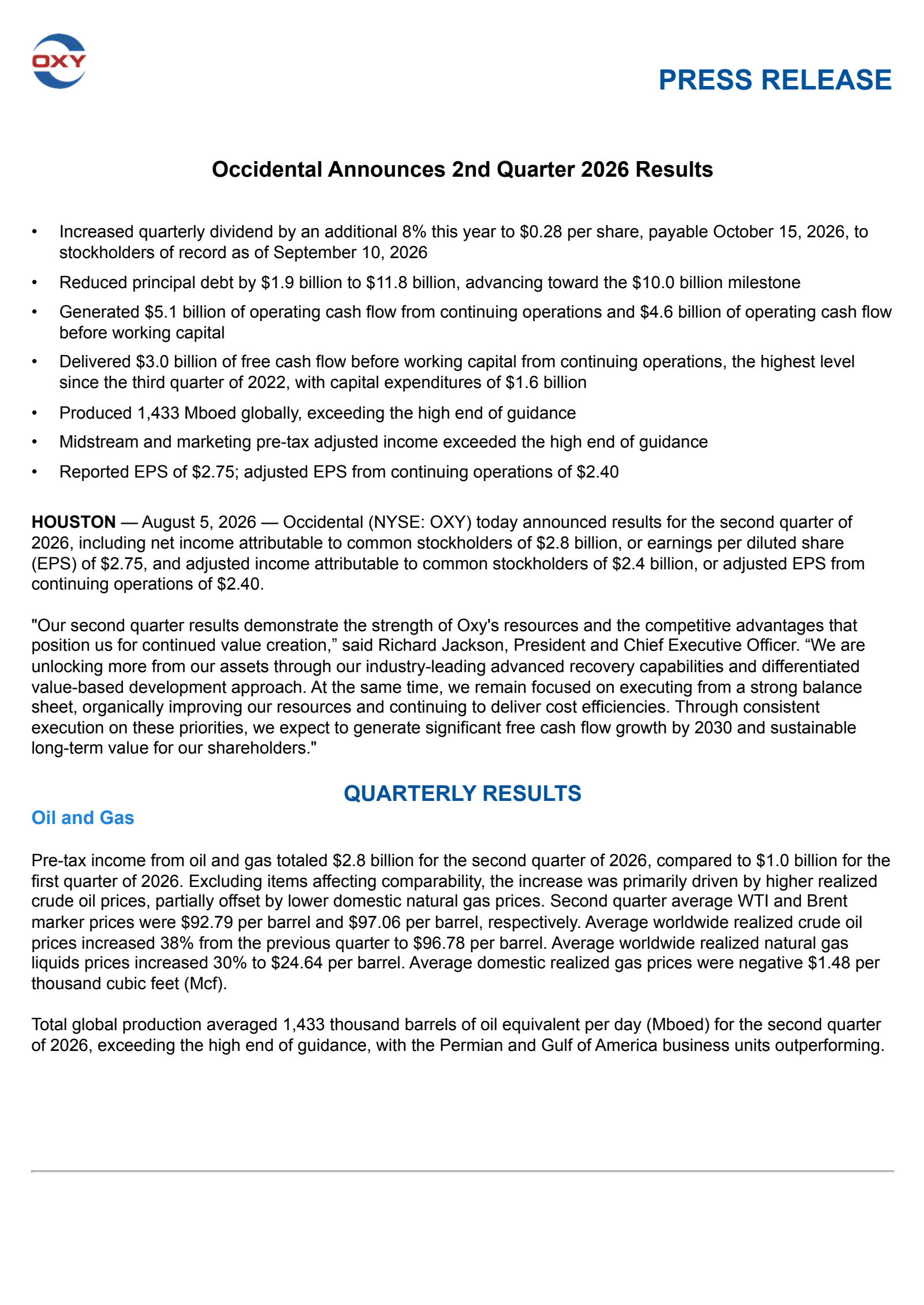 Occidental Petroleum's Q2 2026 Press Release