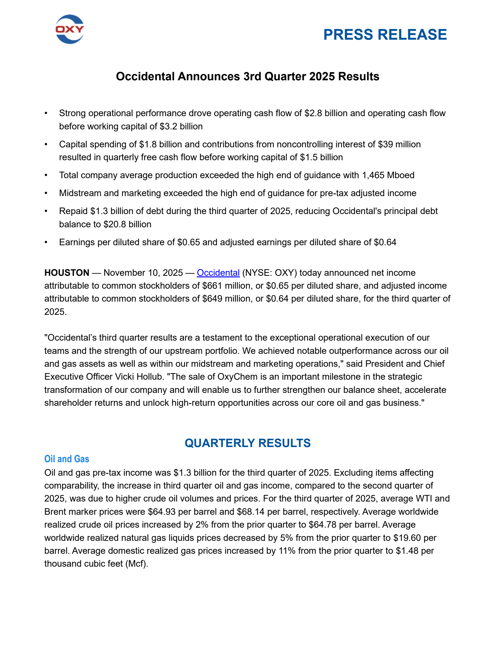 Occidental Petroleum's Q3 2025 Earnings Release