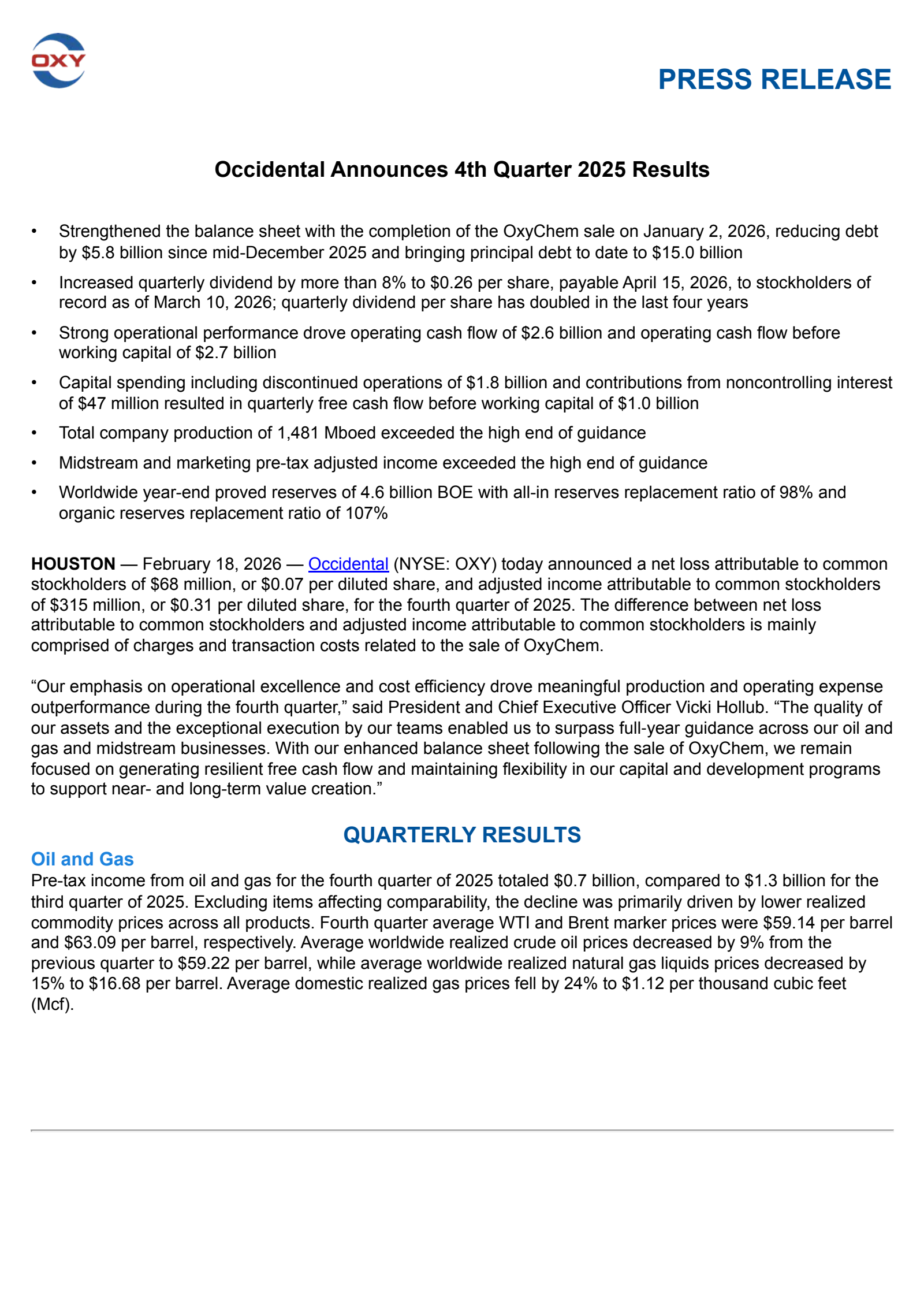 Occidental Petroleum's Q4 2025 Press Release