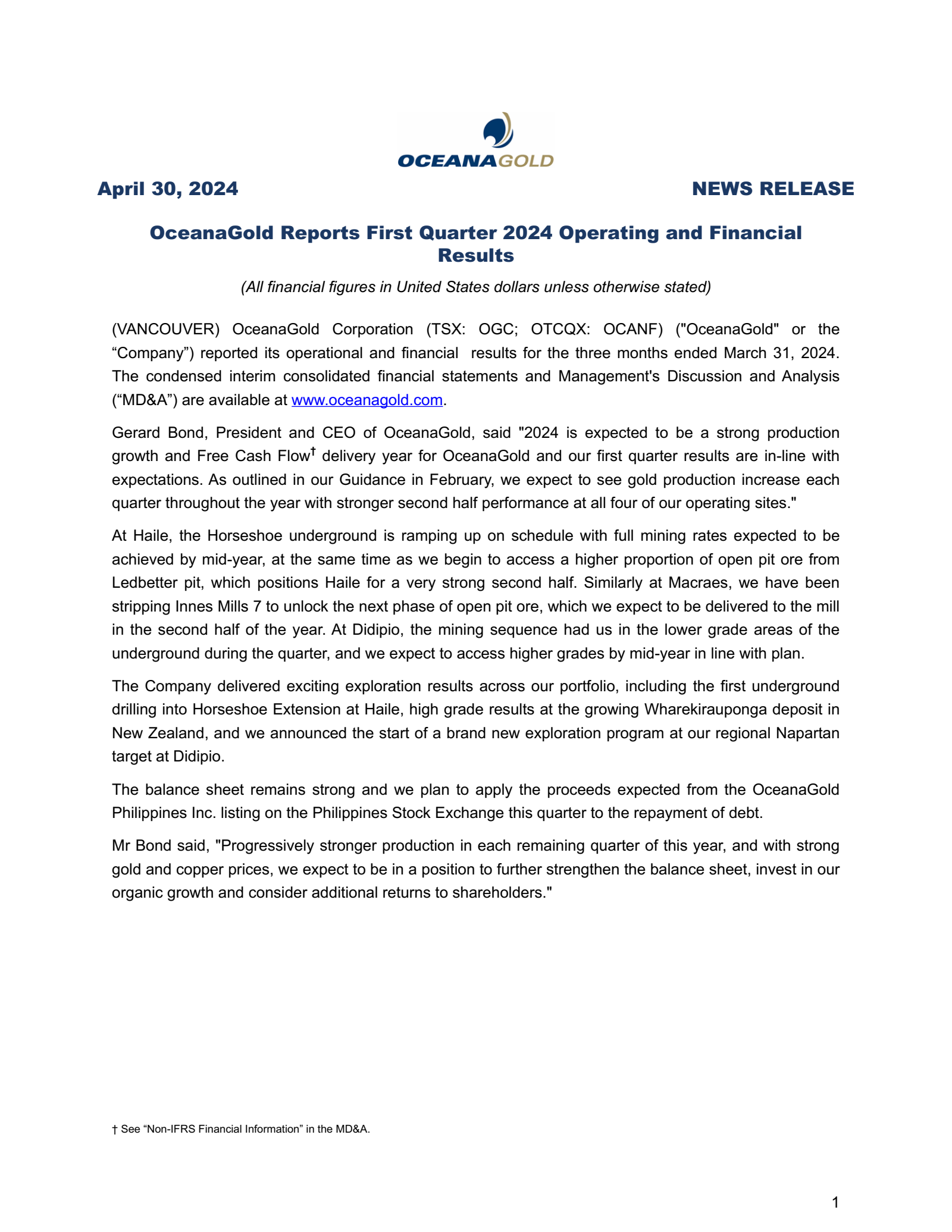 OceanaGold's Q1 2024 Interim report