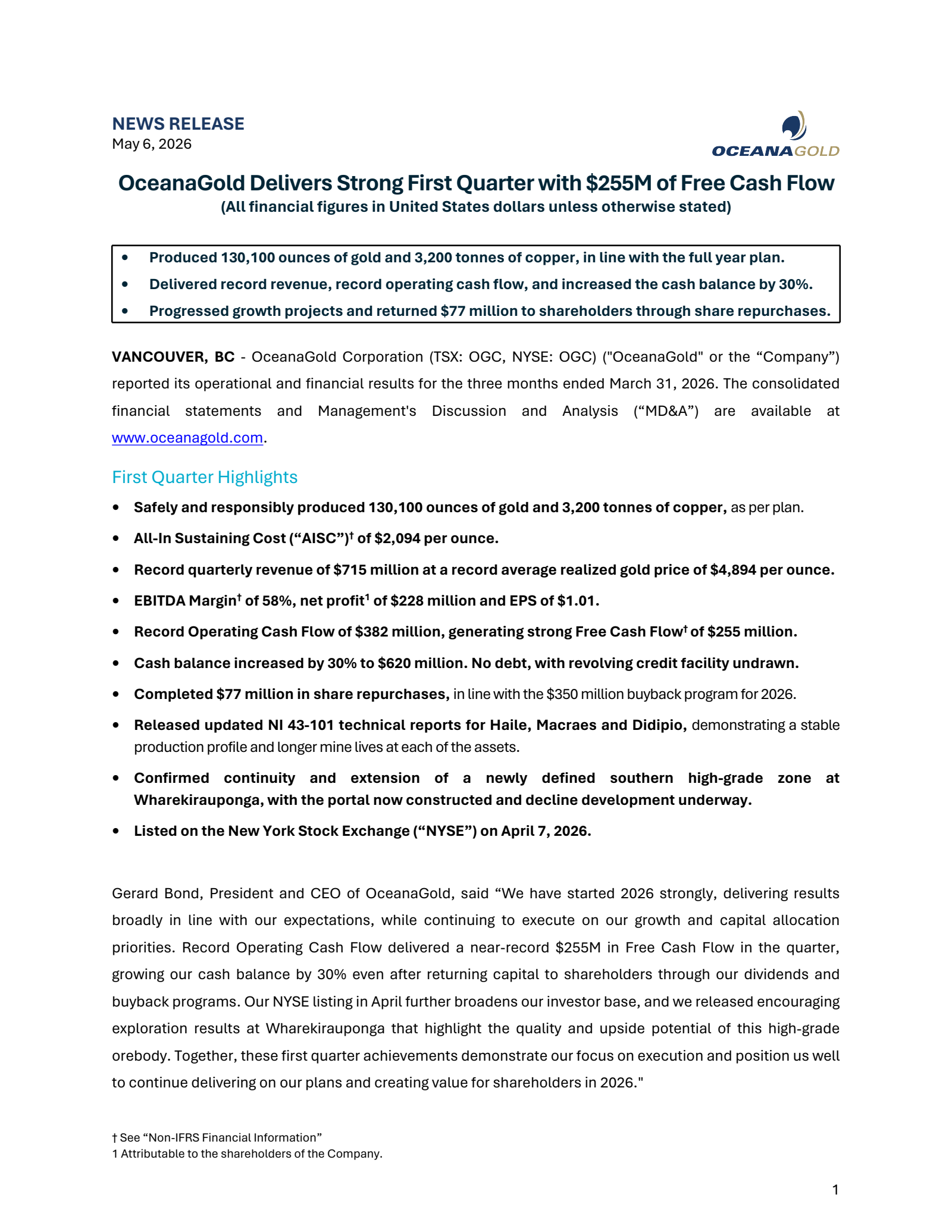 OceanaGold's Q1 2026 Press Release