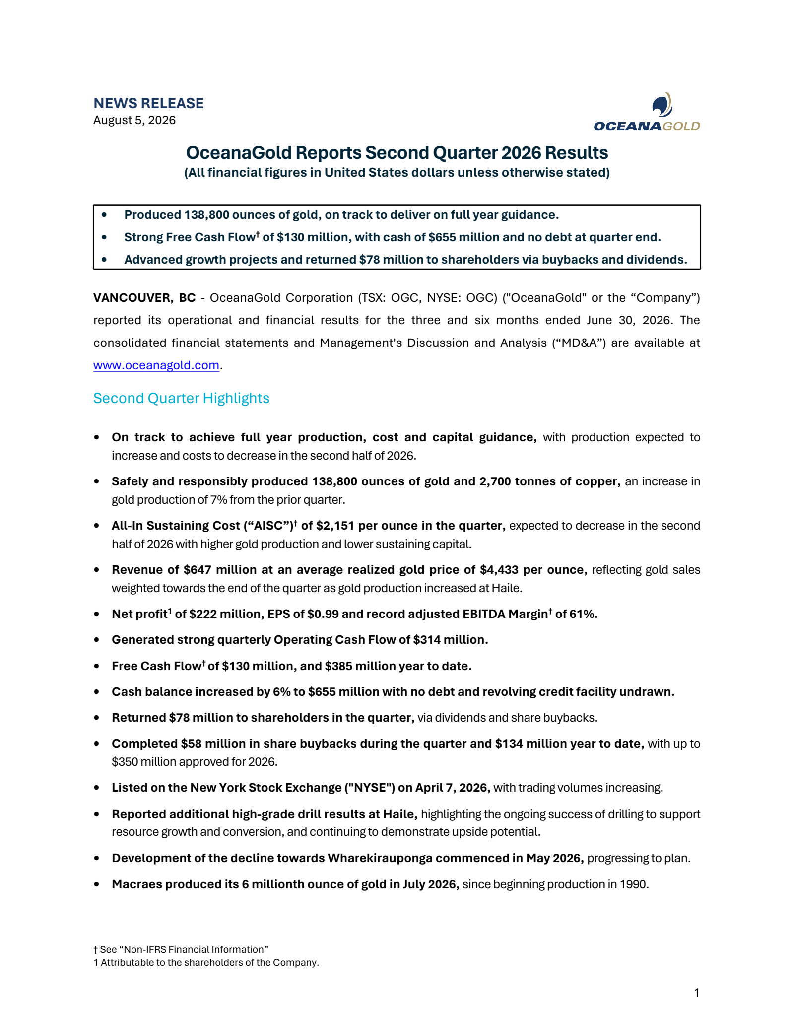 OceanaGold's Q2 2026 Press Release