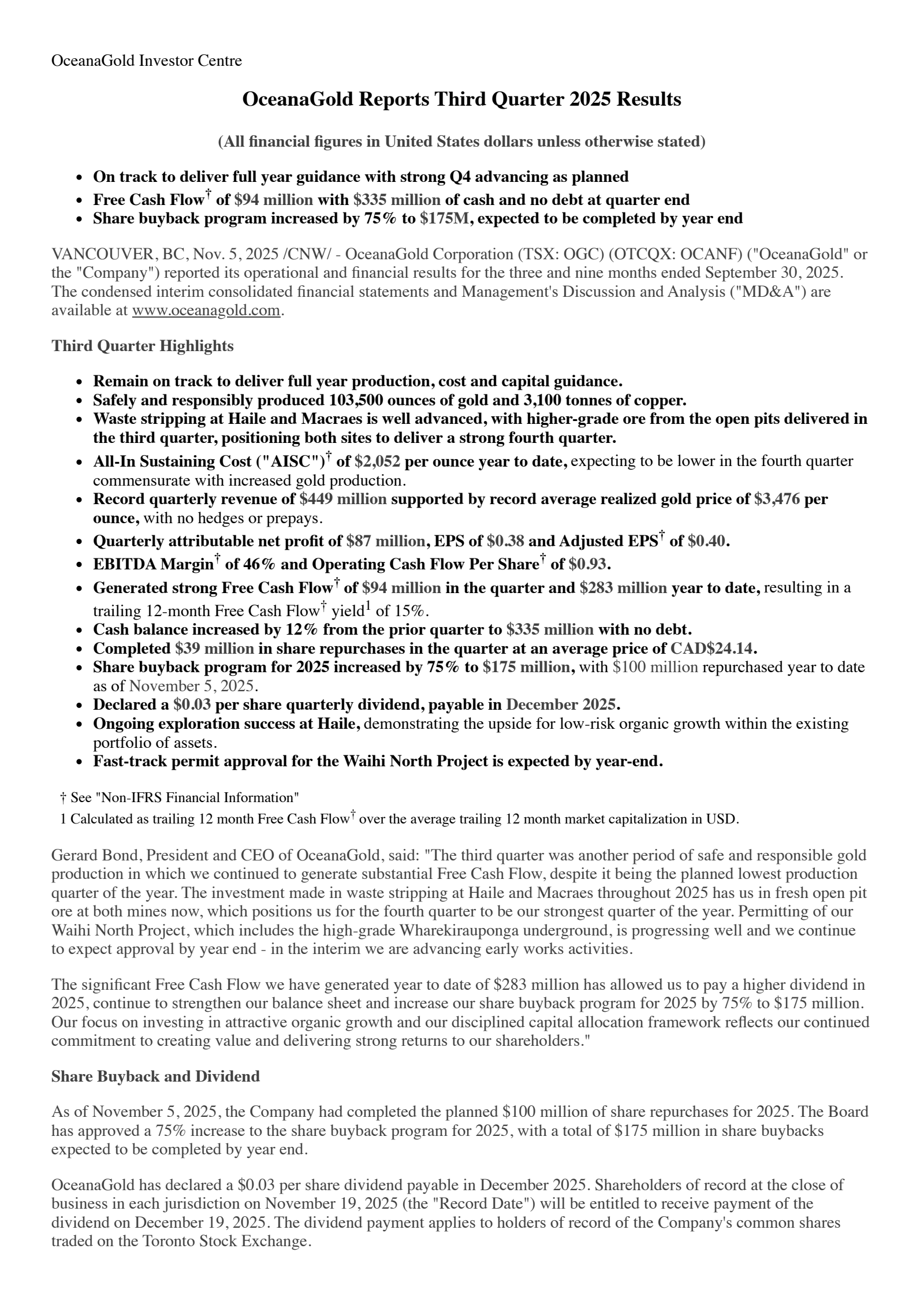OceanaGold's Q3 2025 Earnings Release