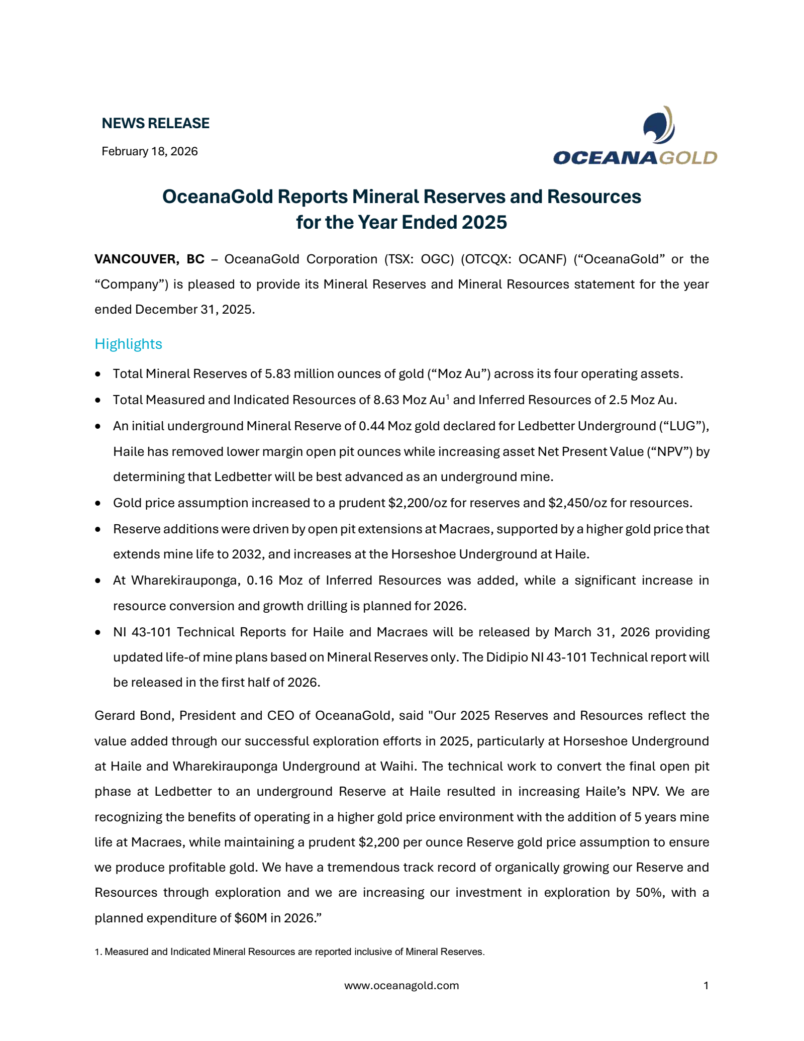 OceanaGold's Q4 2025 Press Release