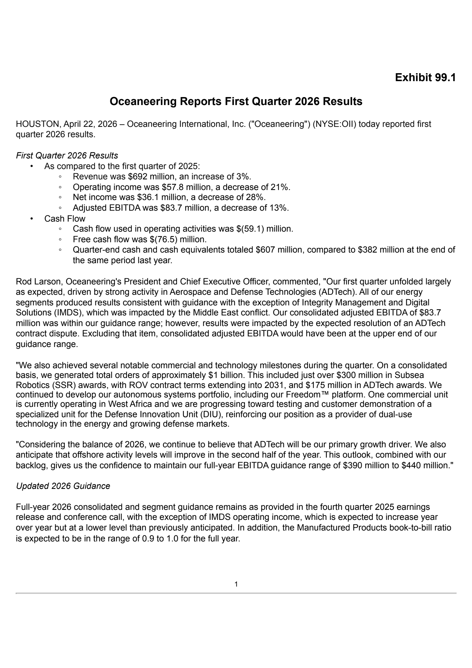 Oceaneering International's Q1 2026 Press Release