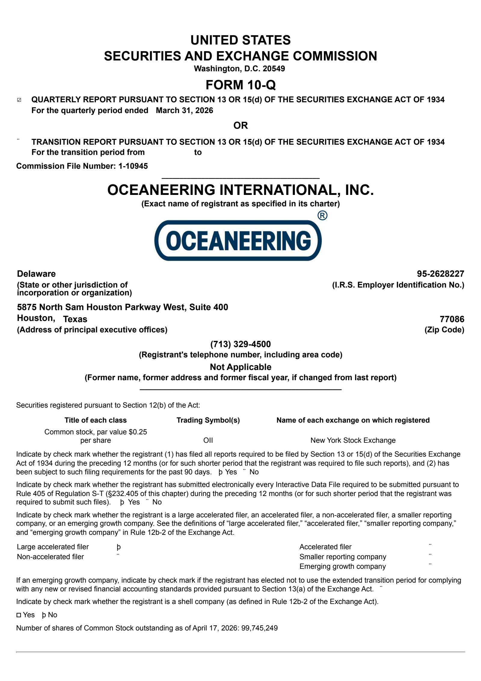 Oceaneering International's Q1 2026 Quarterly report