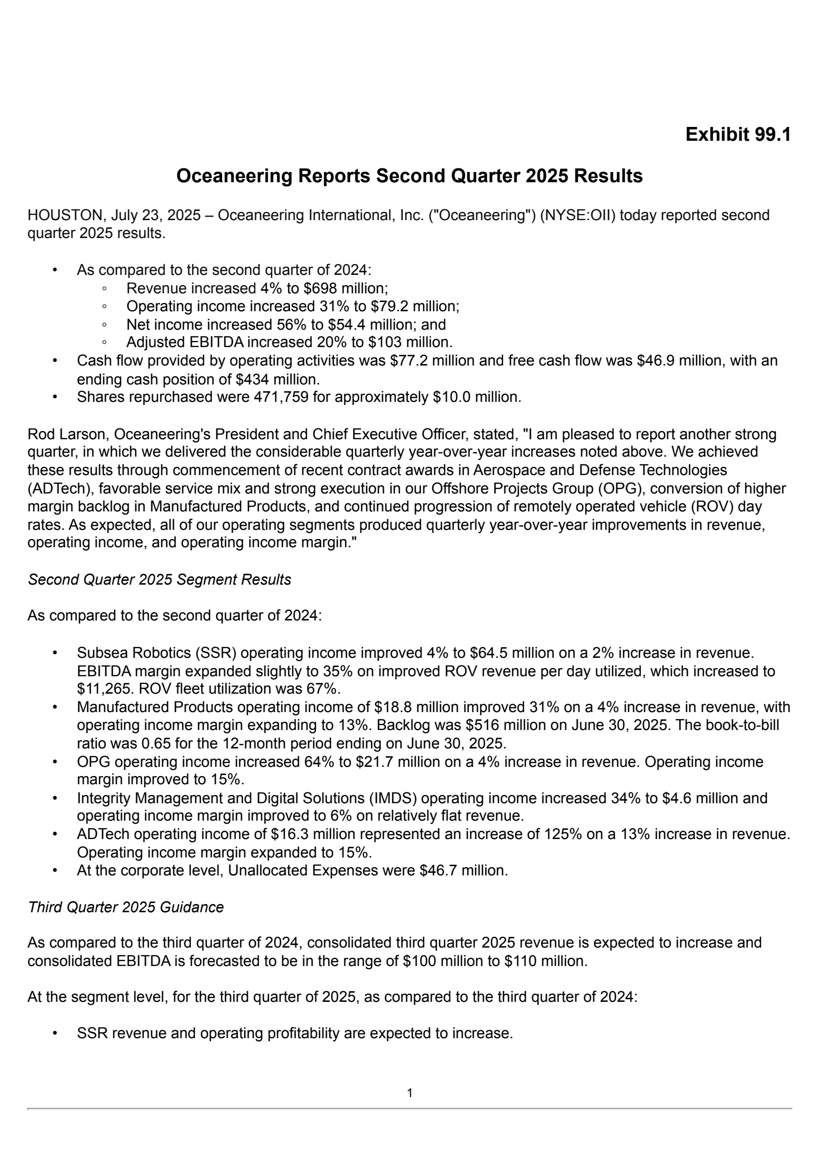 Oceaneering International's Q2 2025 Press Release