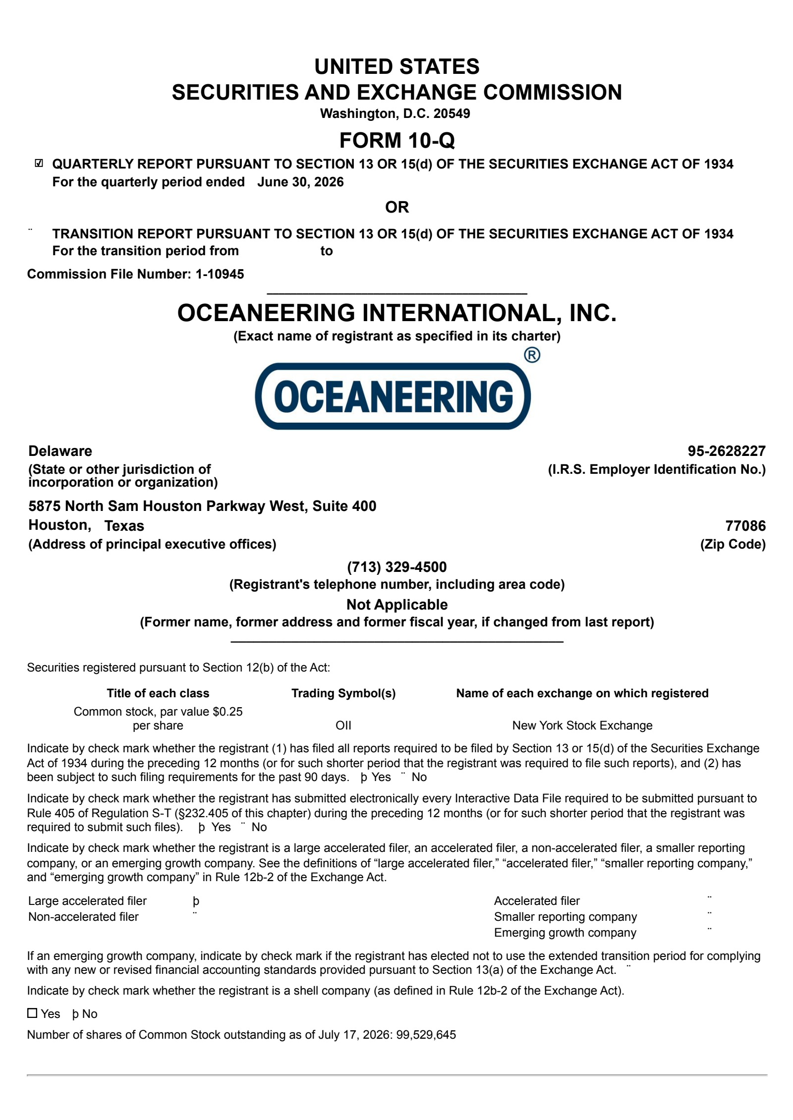 Oceaneering International's Q2 2026 Quarterly report