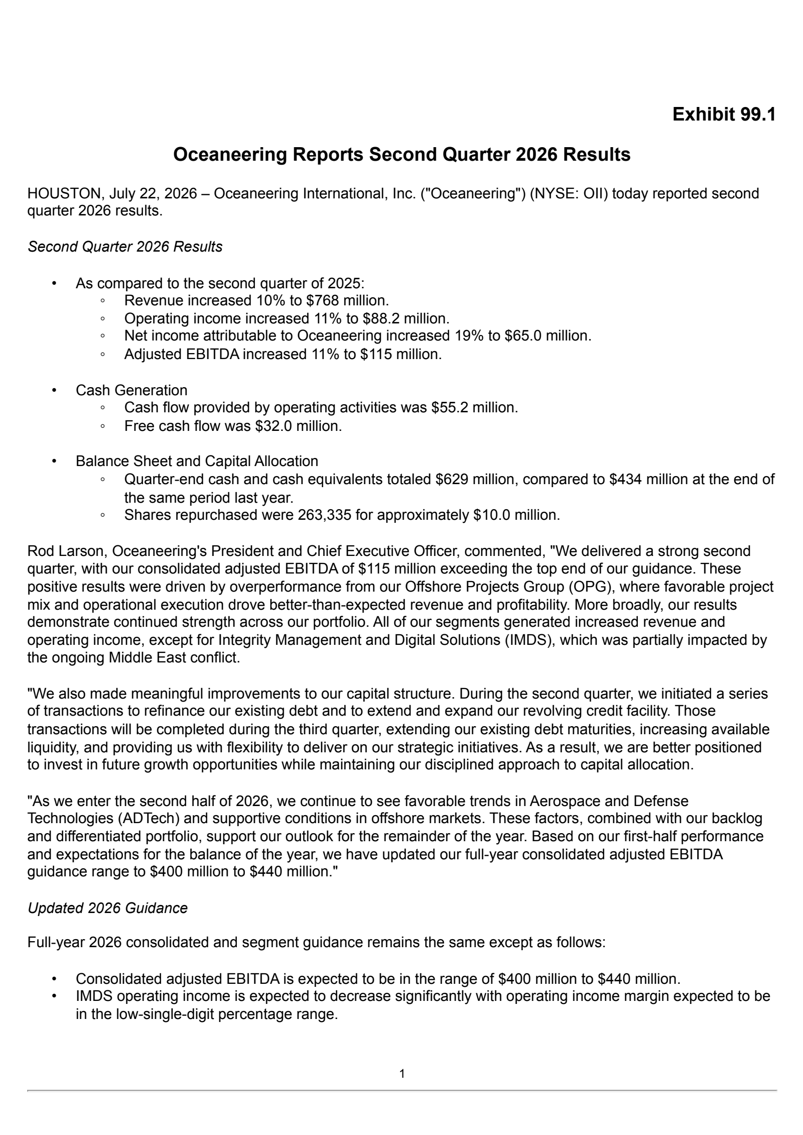 Oceaneering International's Q2 2026 Press Release