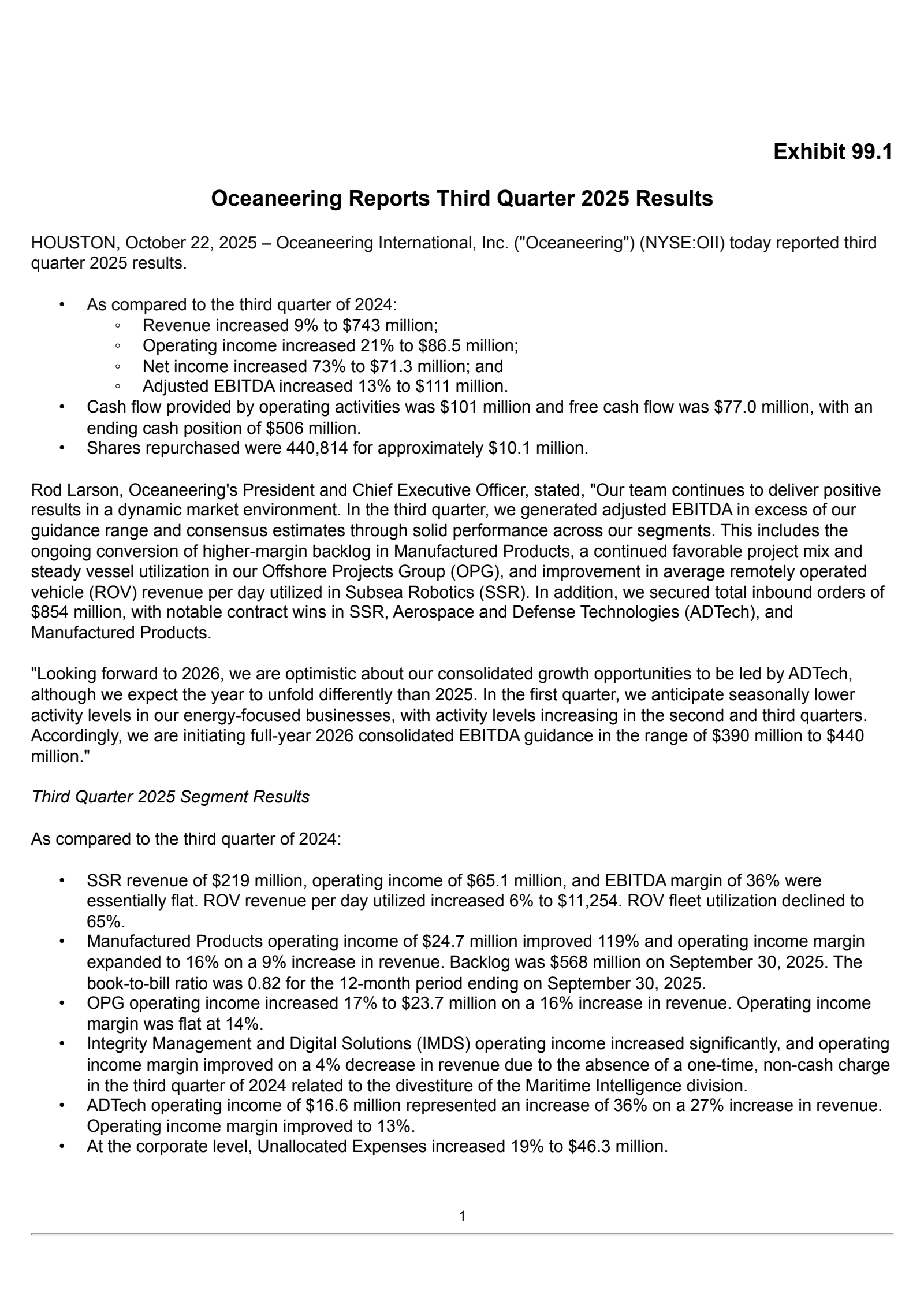 Oceaneering International's Q3 2025 Earnings Release