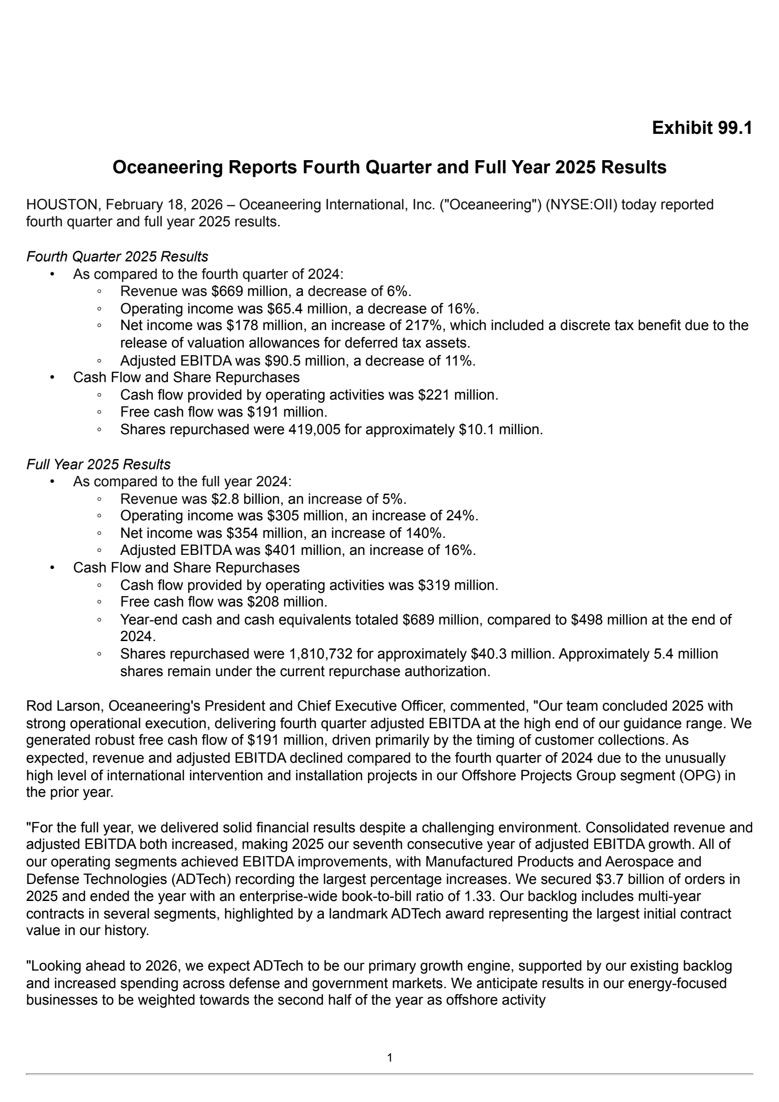 Oceaneering International's Q4 2025 Press Release