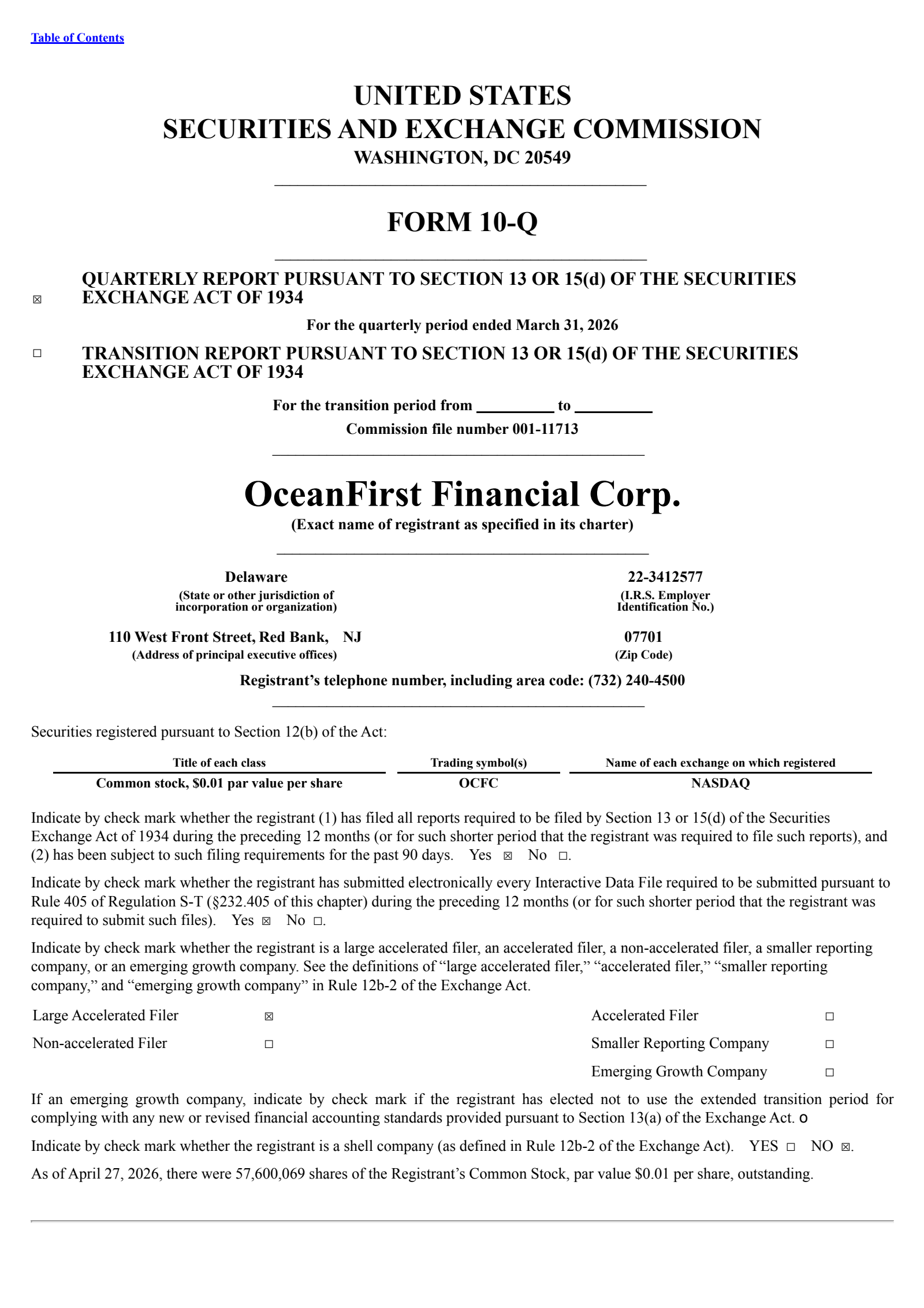 OceanFirst Financial's Q1 2026 Quarterly report