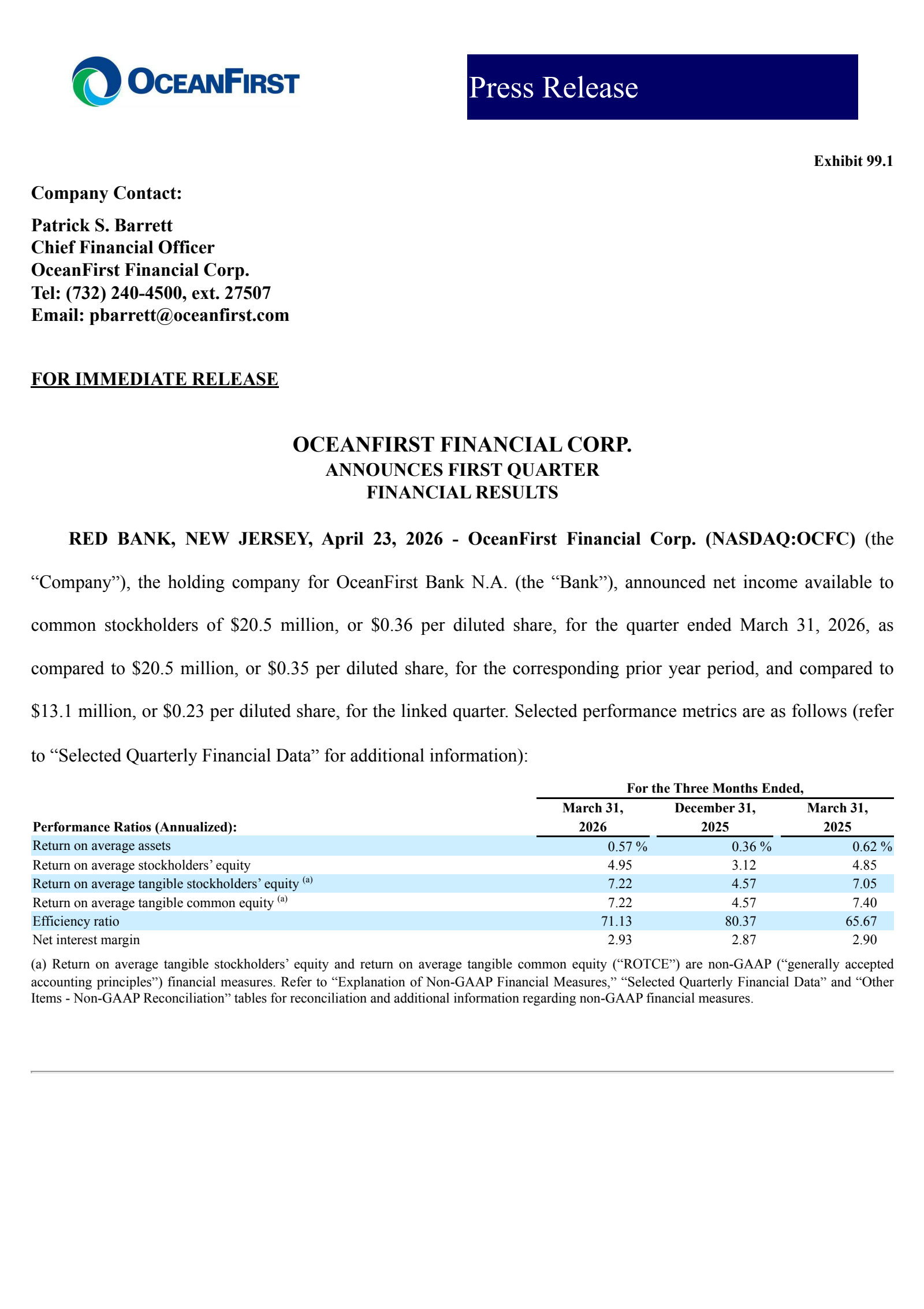 OceanFirst Financial's Q1 2026 Press Release