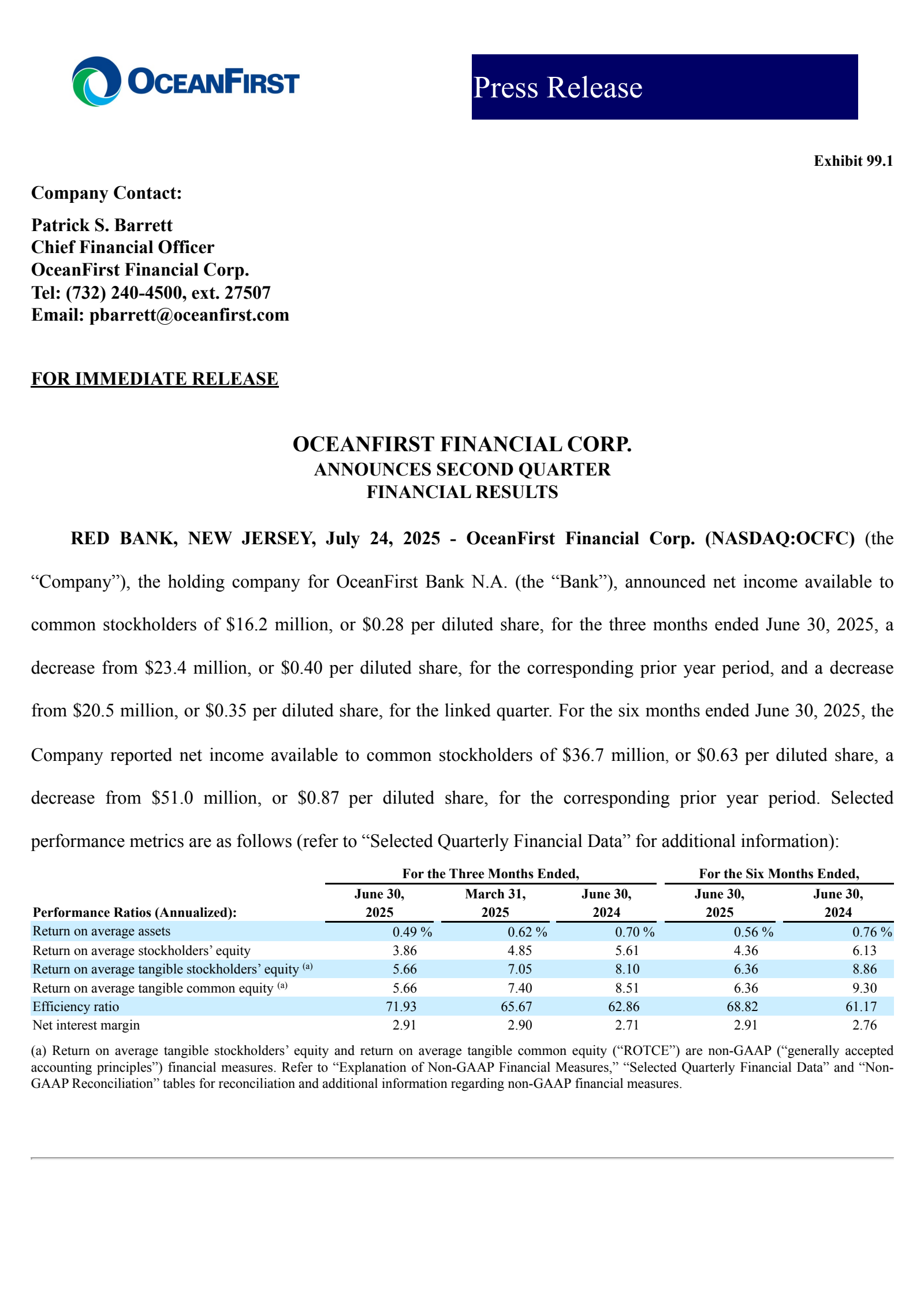 OceanFirst Financial's Q2 2025 Press Release