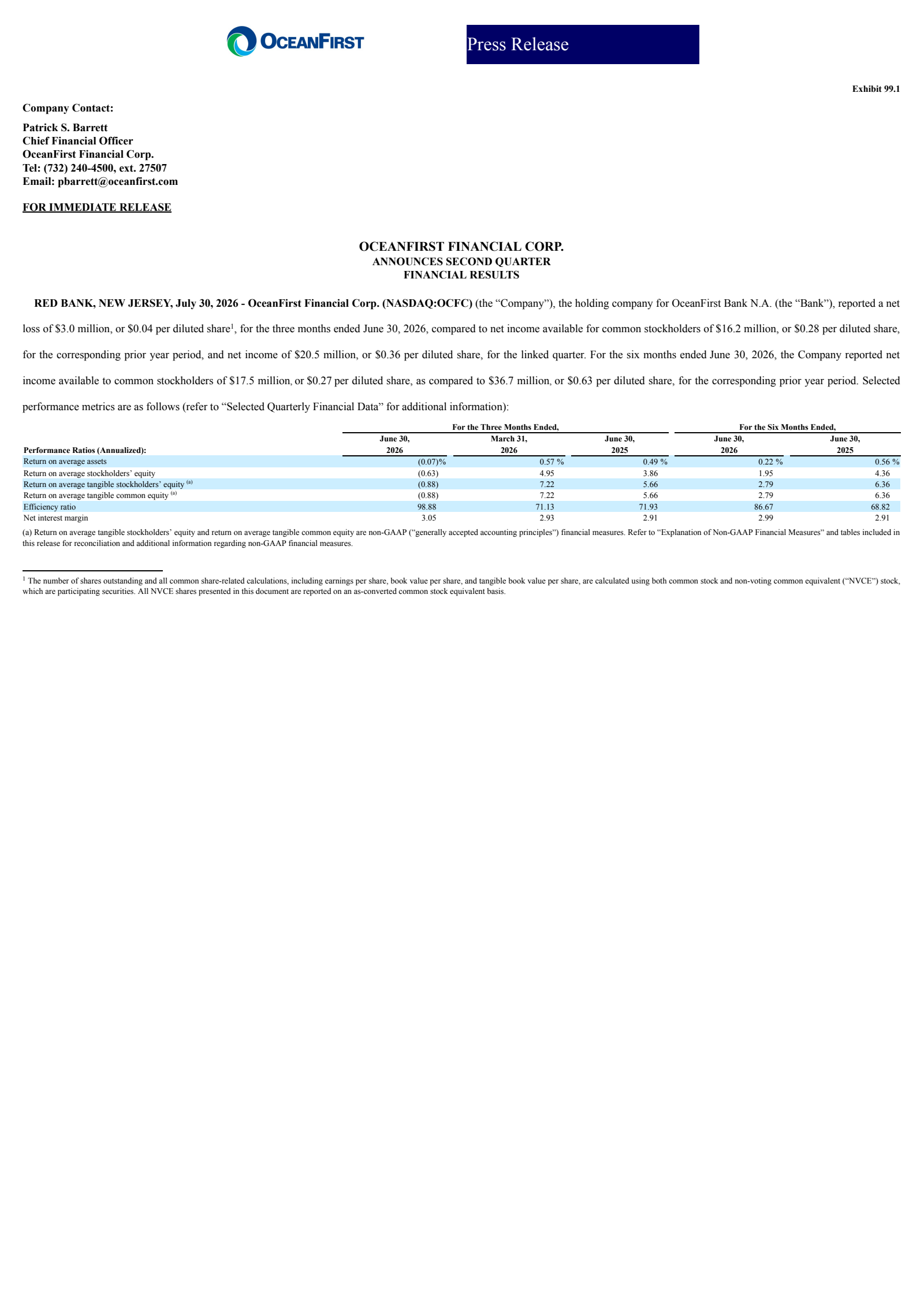 OceanFirst Financial's Q2 2026 Press Release