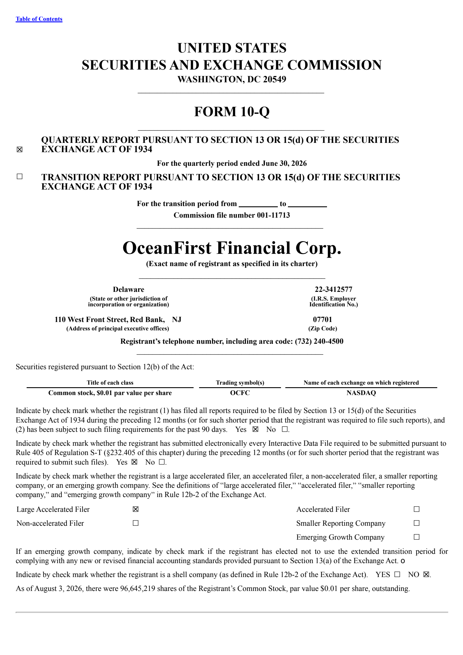 OceanFirst Financial's Q2 2026 Quarterly report