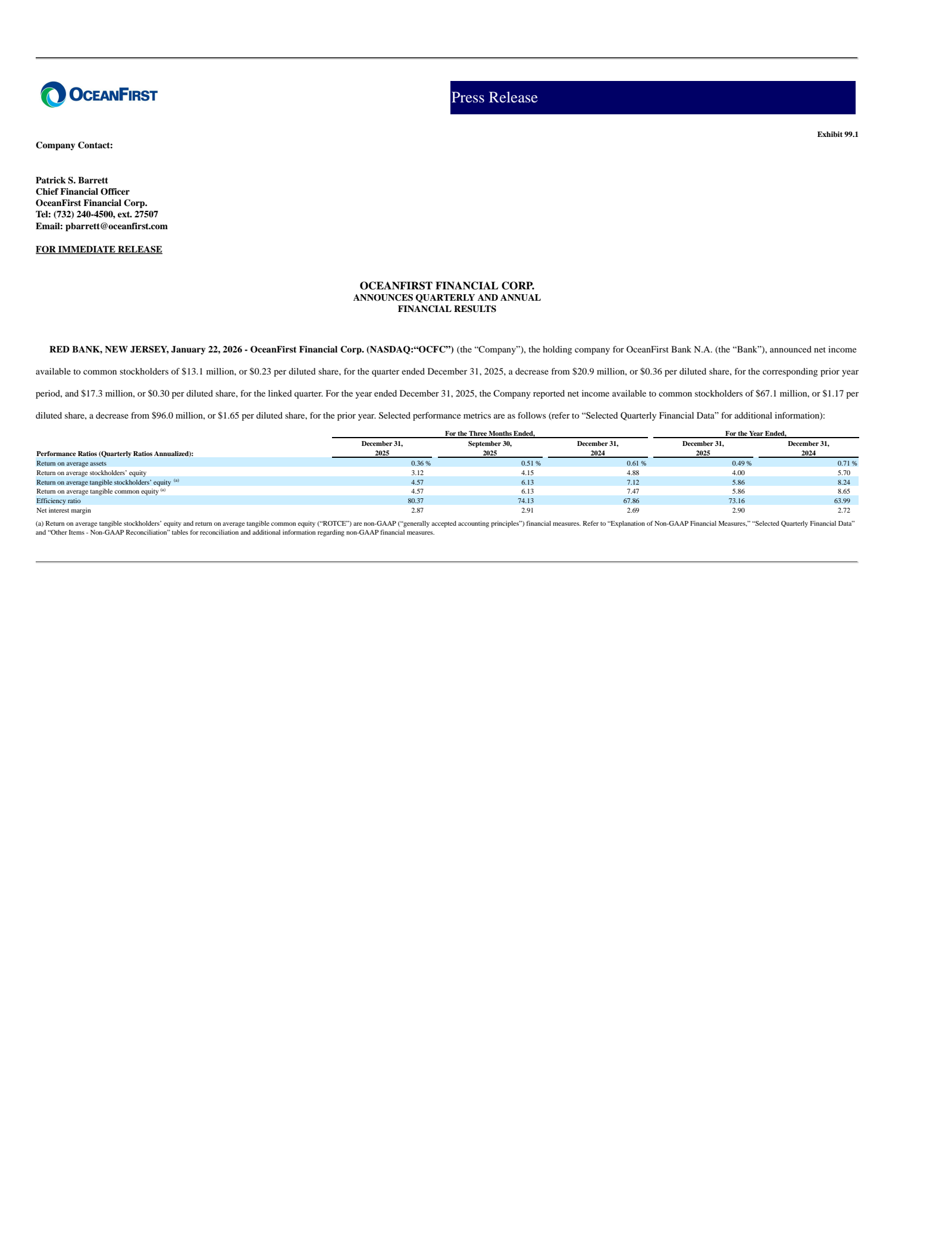 OceanFirst Financial's Q4 2025 Press Release