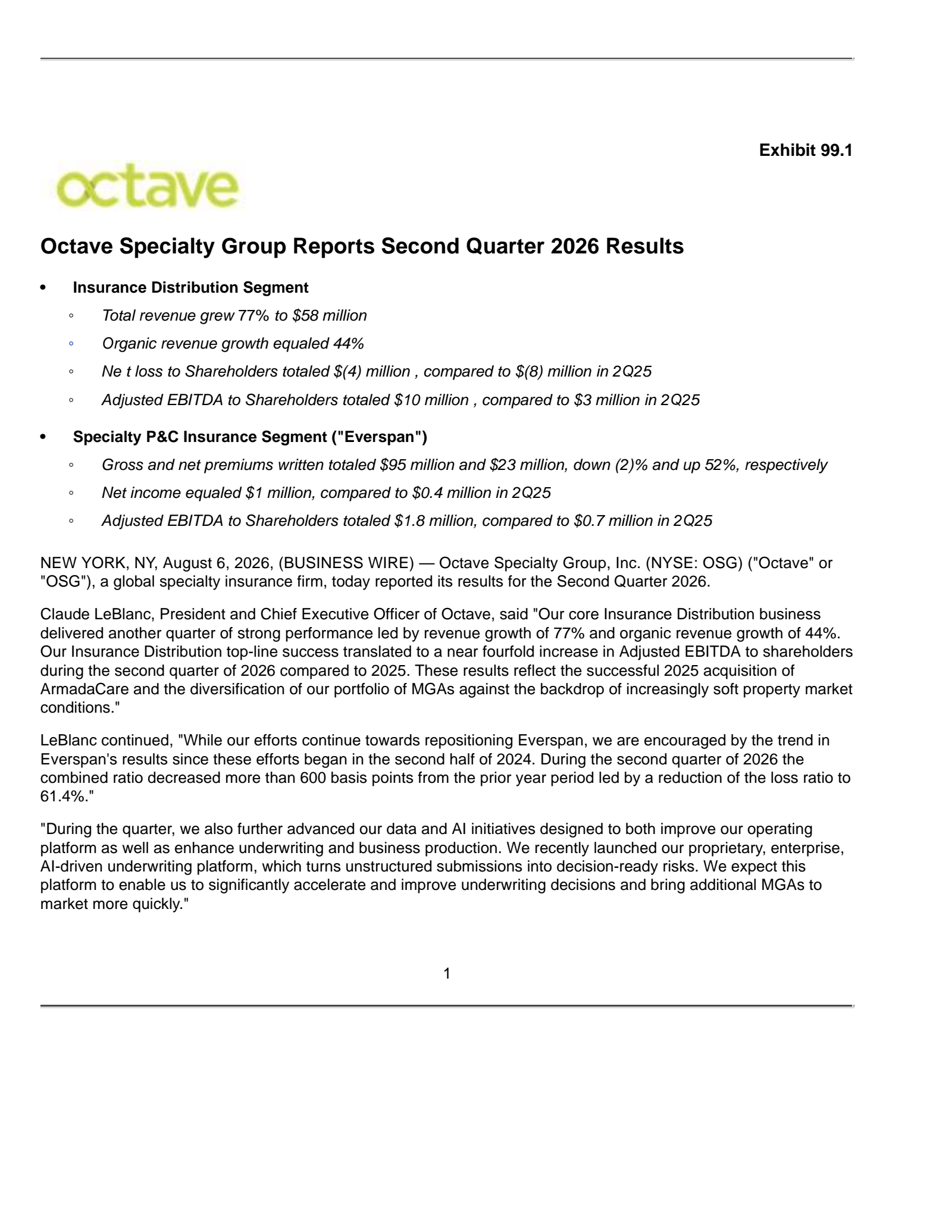 Octave Specialty Group's Q2 2026 Press Release
