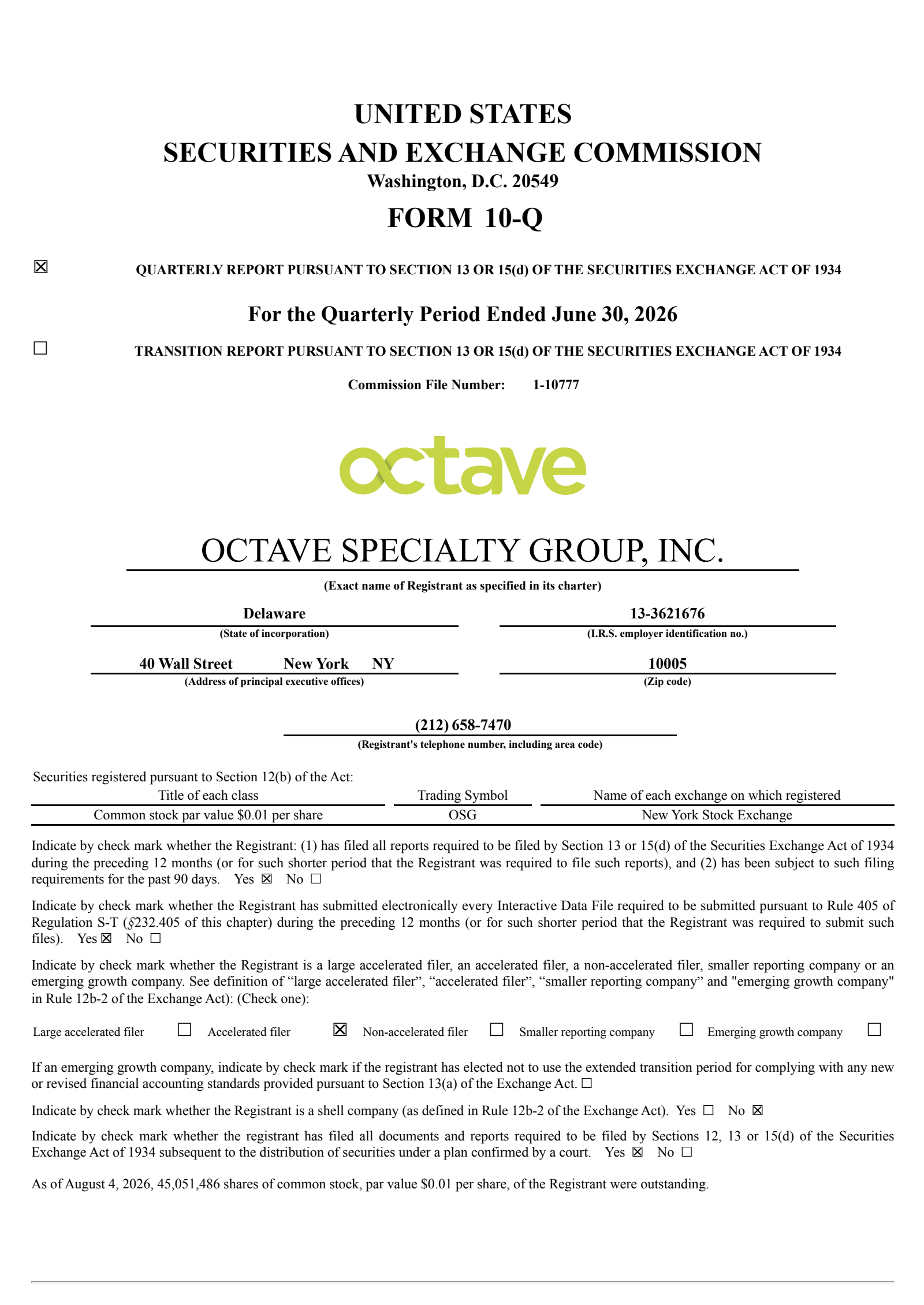 Octave Specialty Group's Q2 2026 Quarterly report