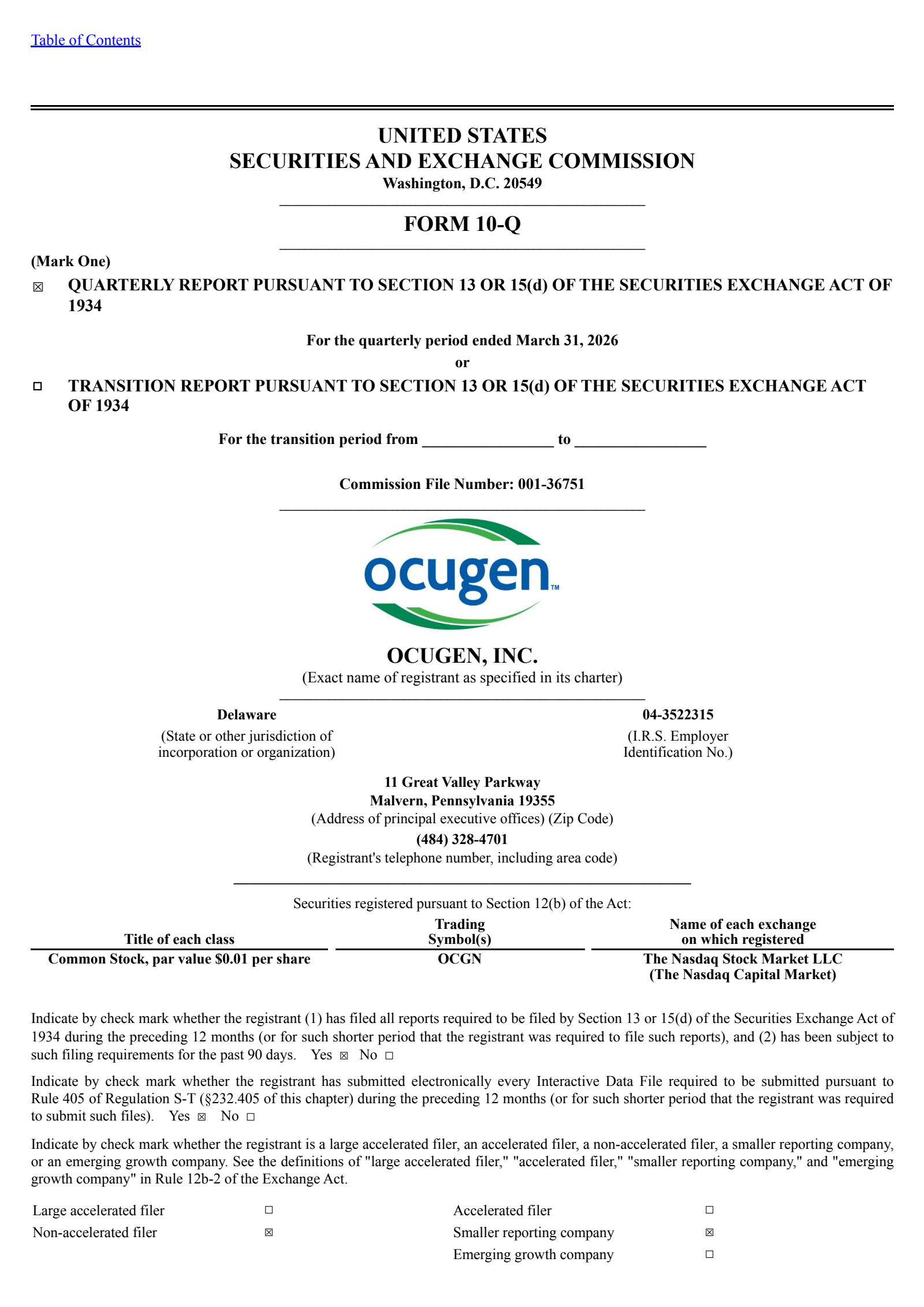 Ocugen's Q1 2026 Quarterly report