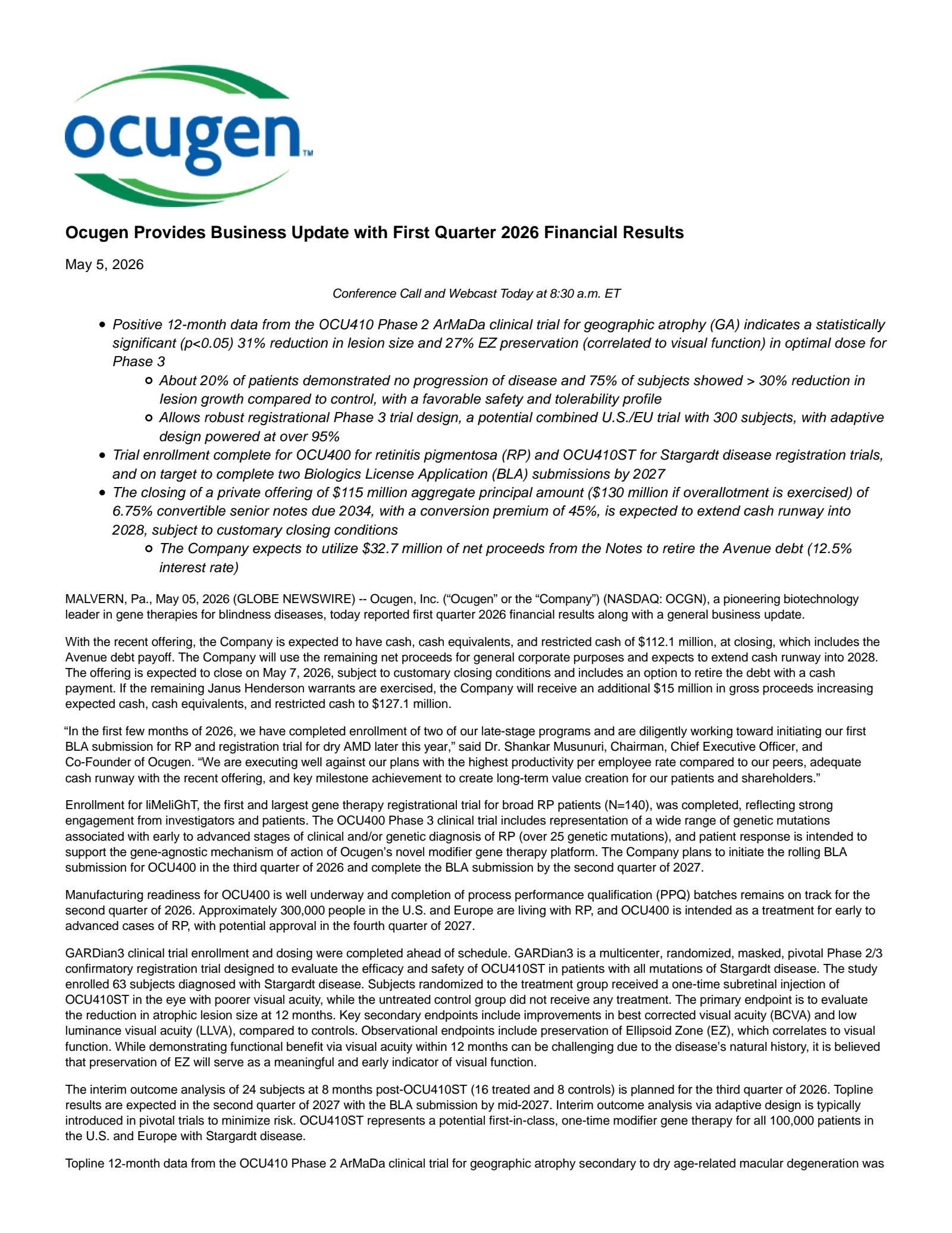 Ocugen's Q1 2026 Press Release
