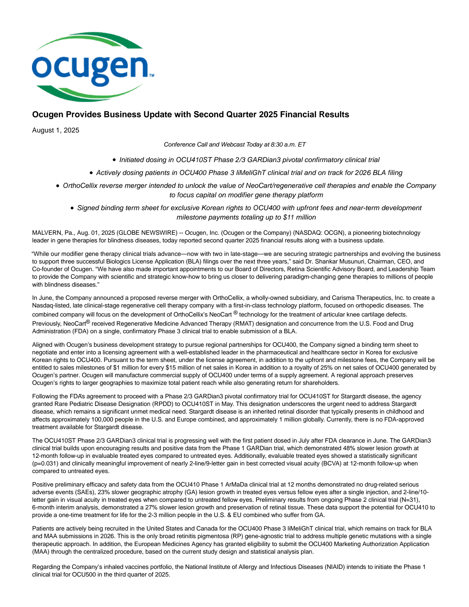 Ocugen's Q2 2025 Press Release