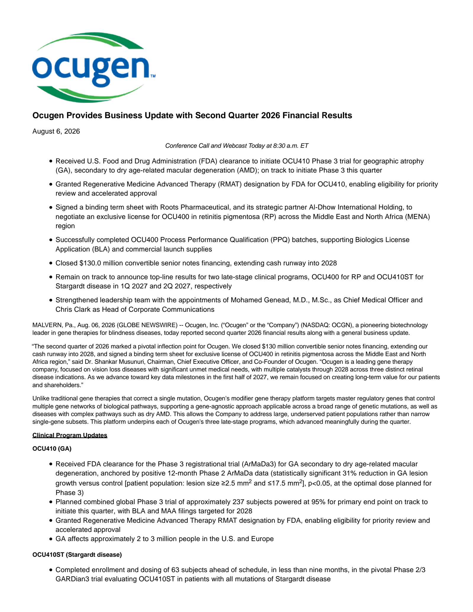Ocugen's Q2 2026 Press Release