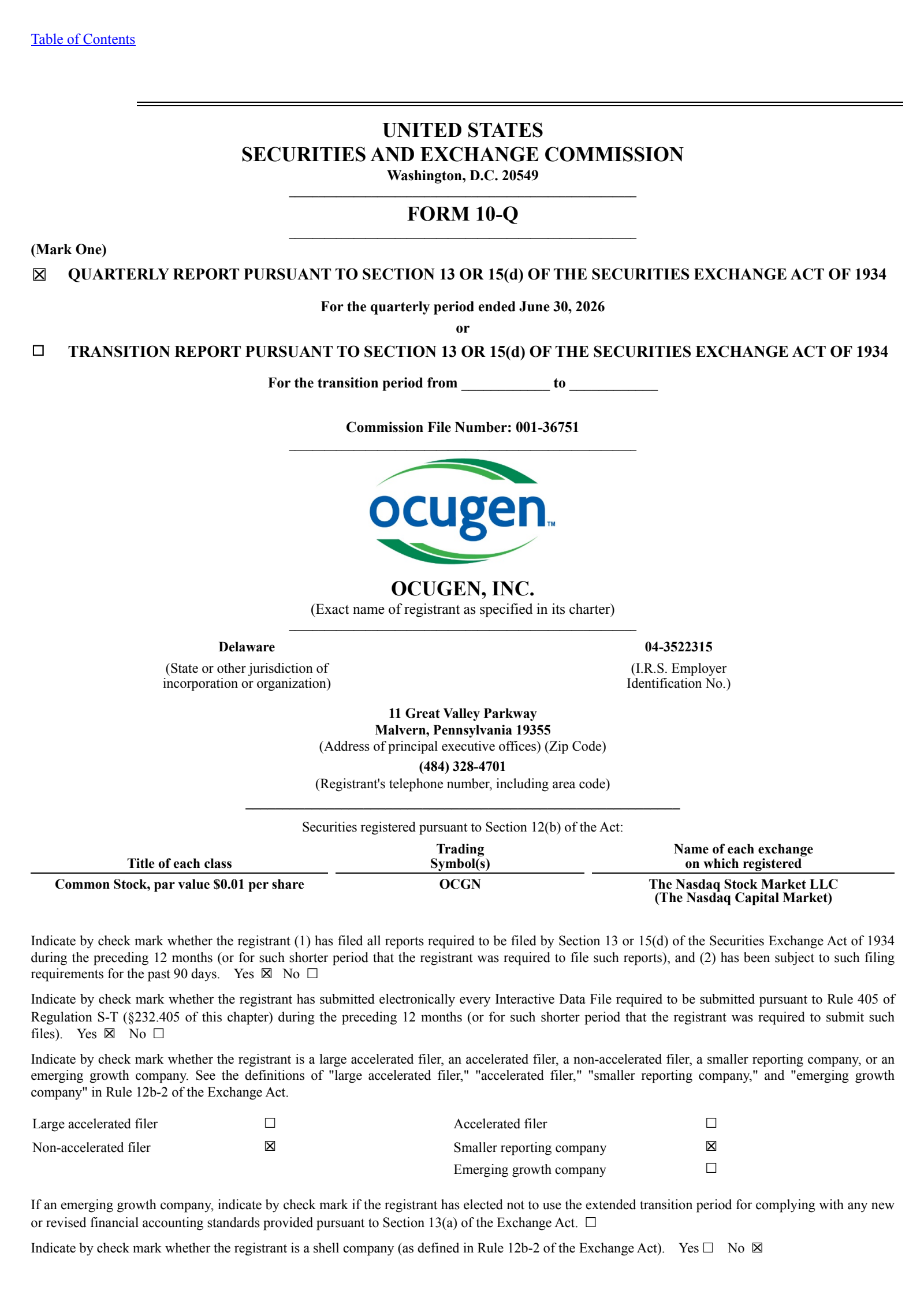 Ocugen's Q2 2026 Quarterly report