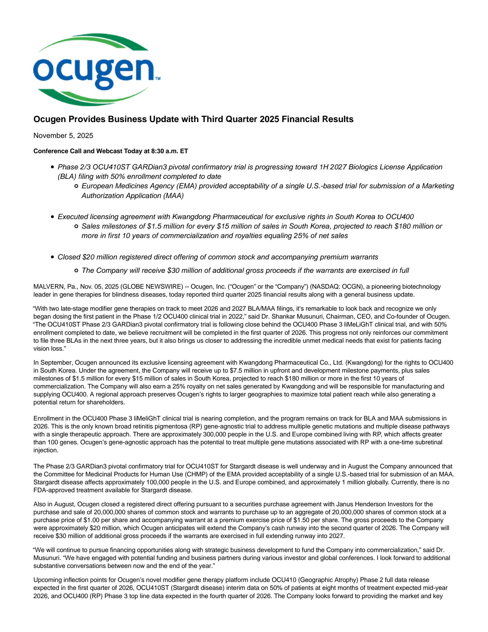 Ocugen's Q3 2025 Earnings Release