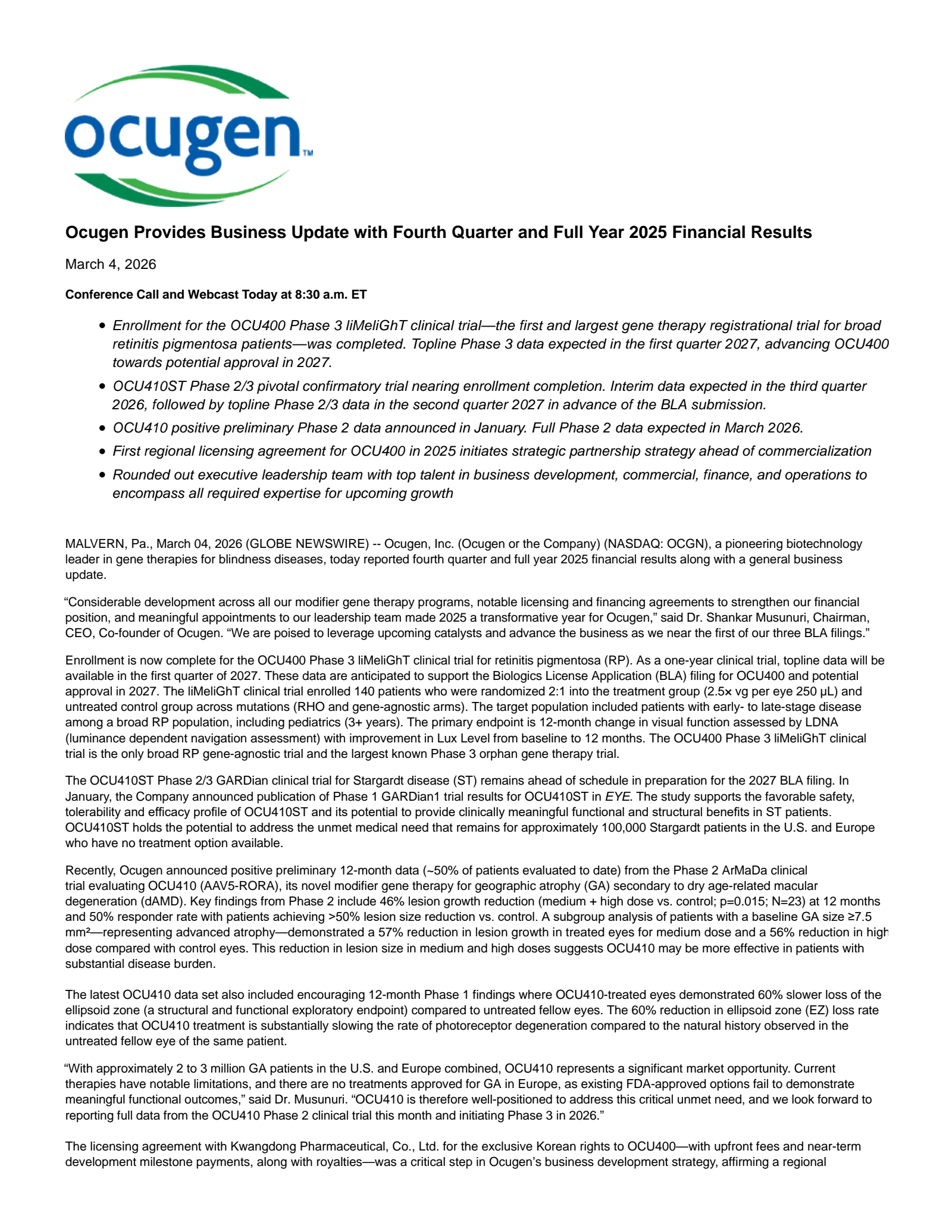 Ocugen's Q4 2025 Press Release