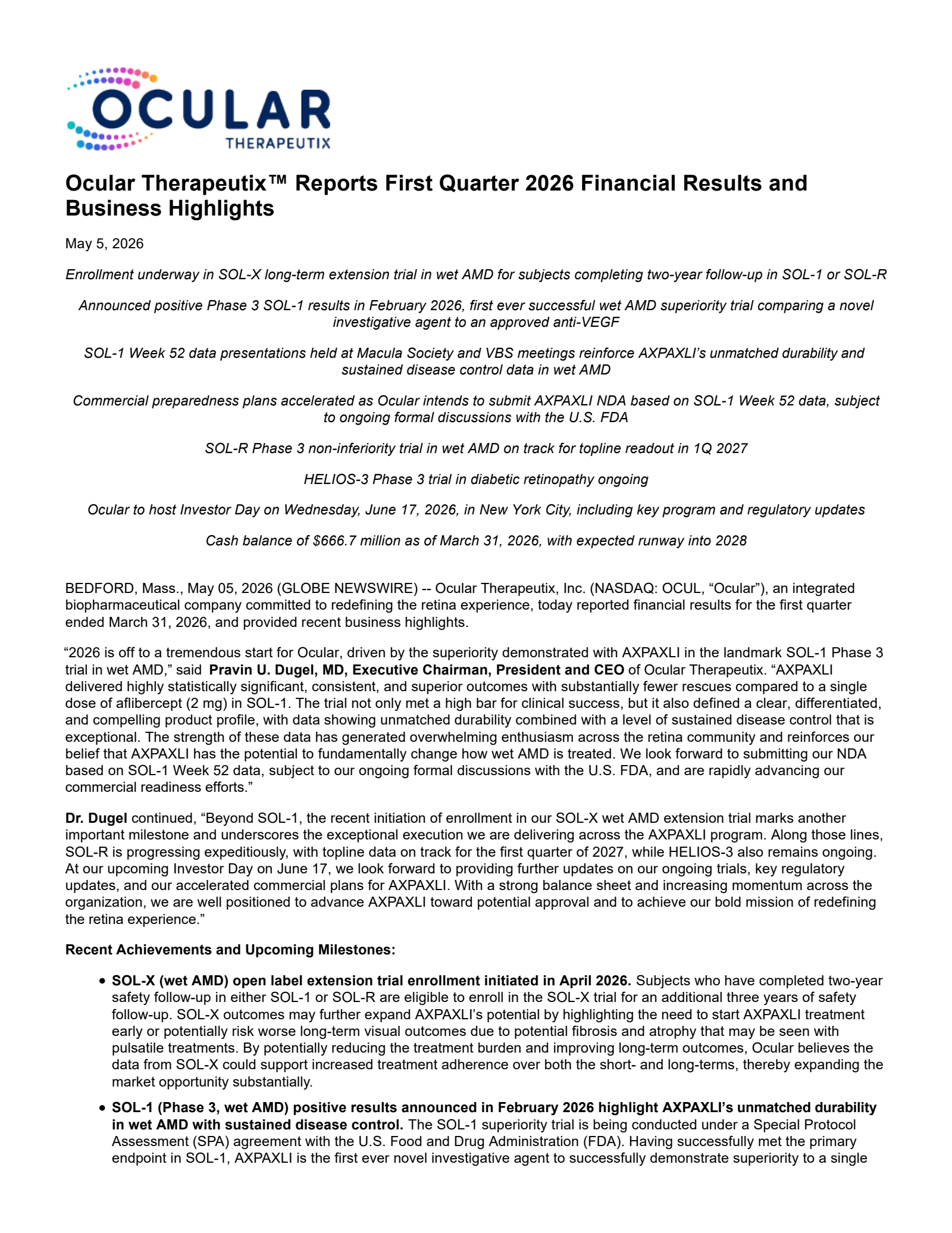 Ocular Therapeutix's Q1 2026 Press Release
