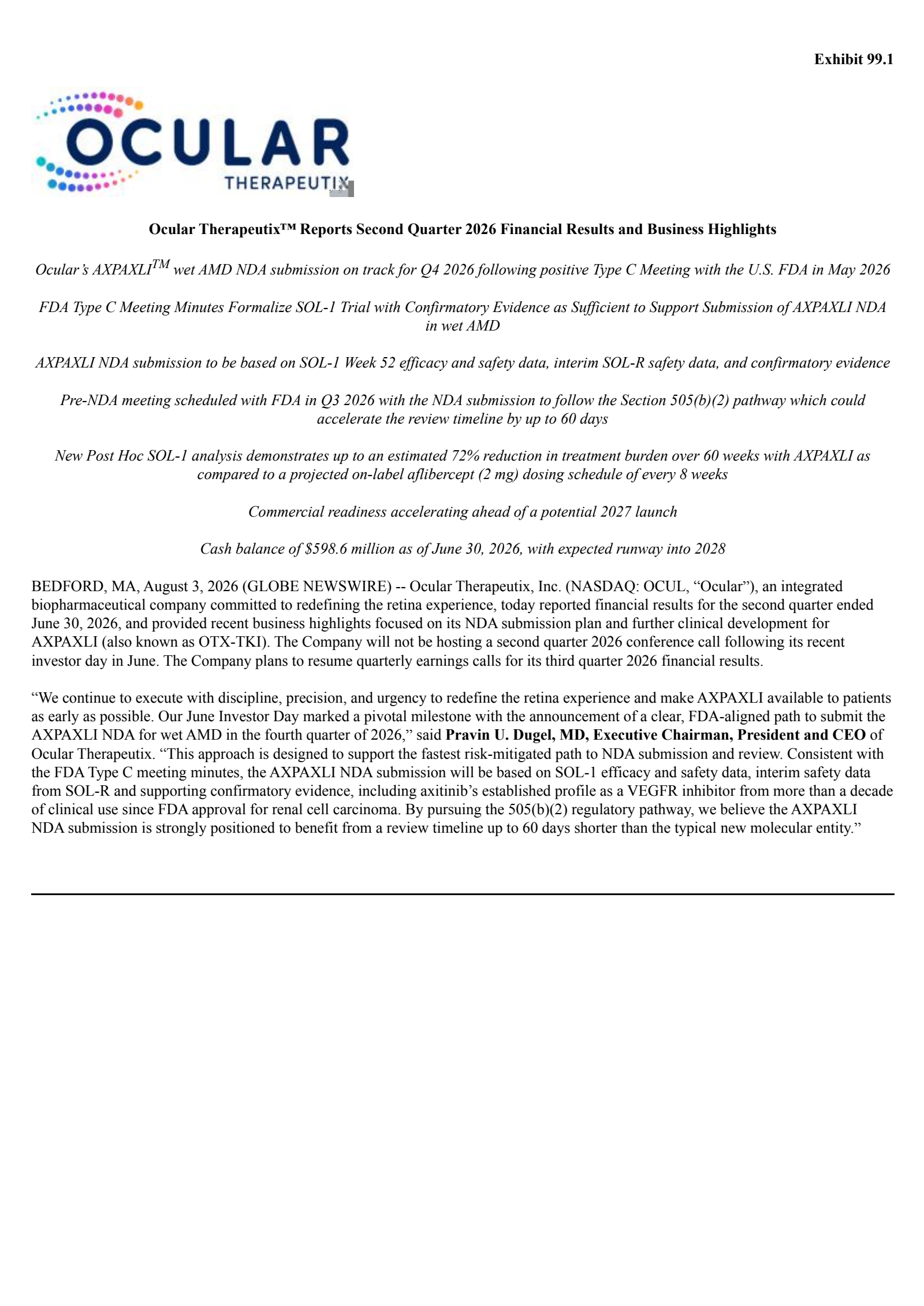Ocular Therapeutix's Q2 2026 Press Release