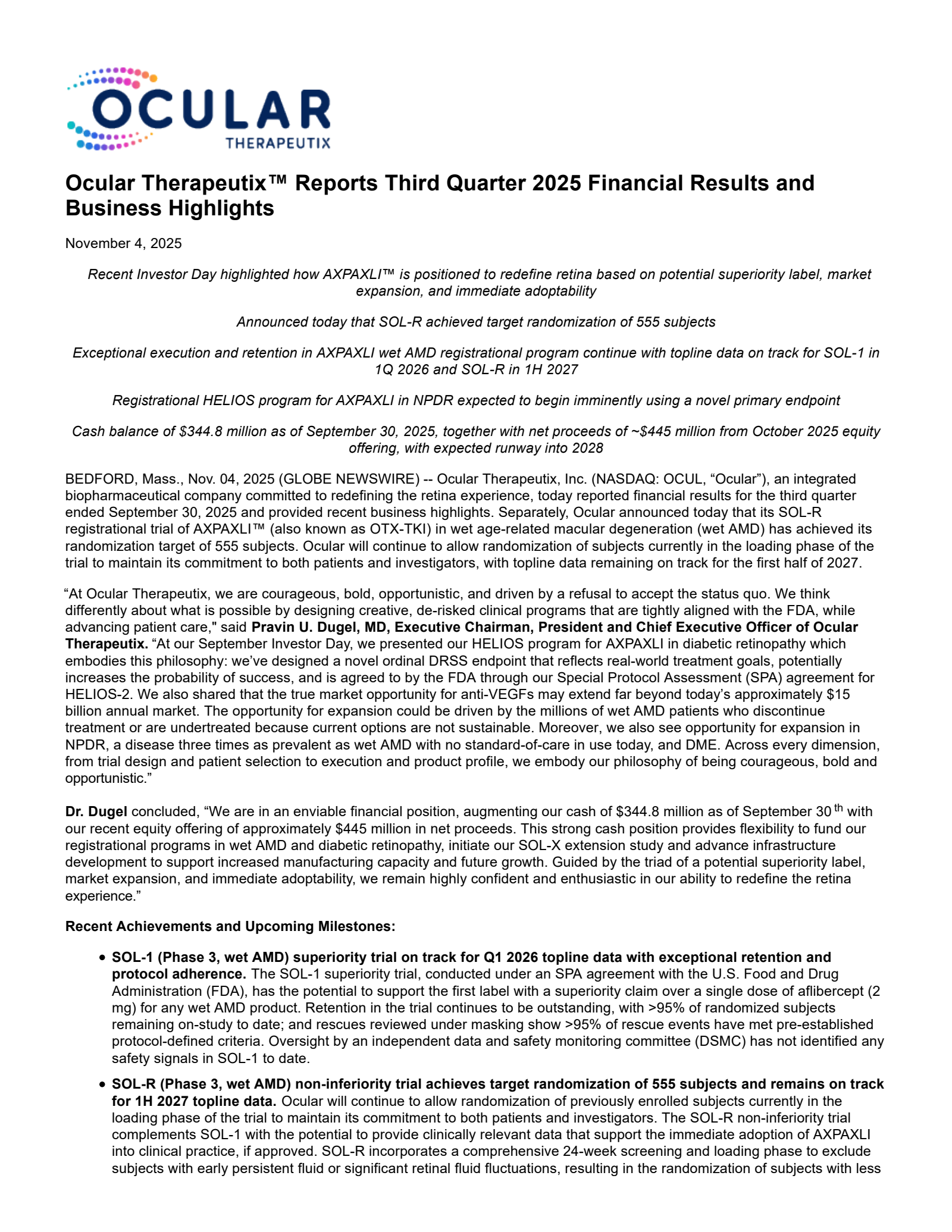Ocular Therapeutix's Q3 2025 Earnings Release