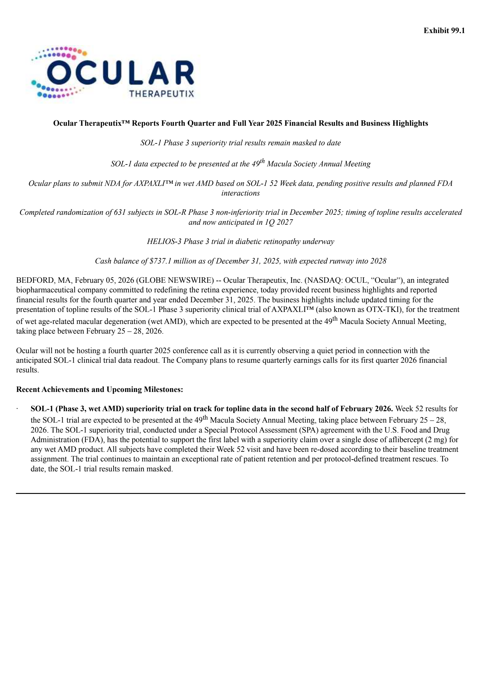 Ocular Therapeutix's Q4 2025 Press Release