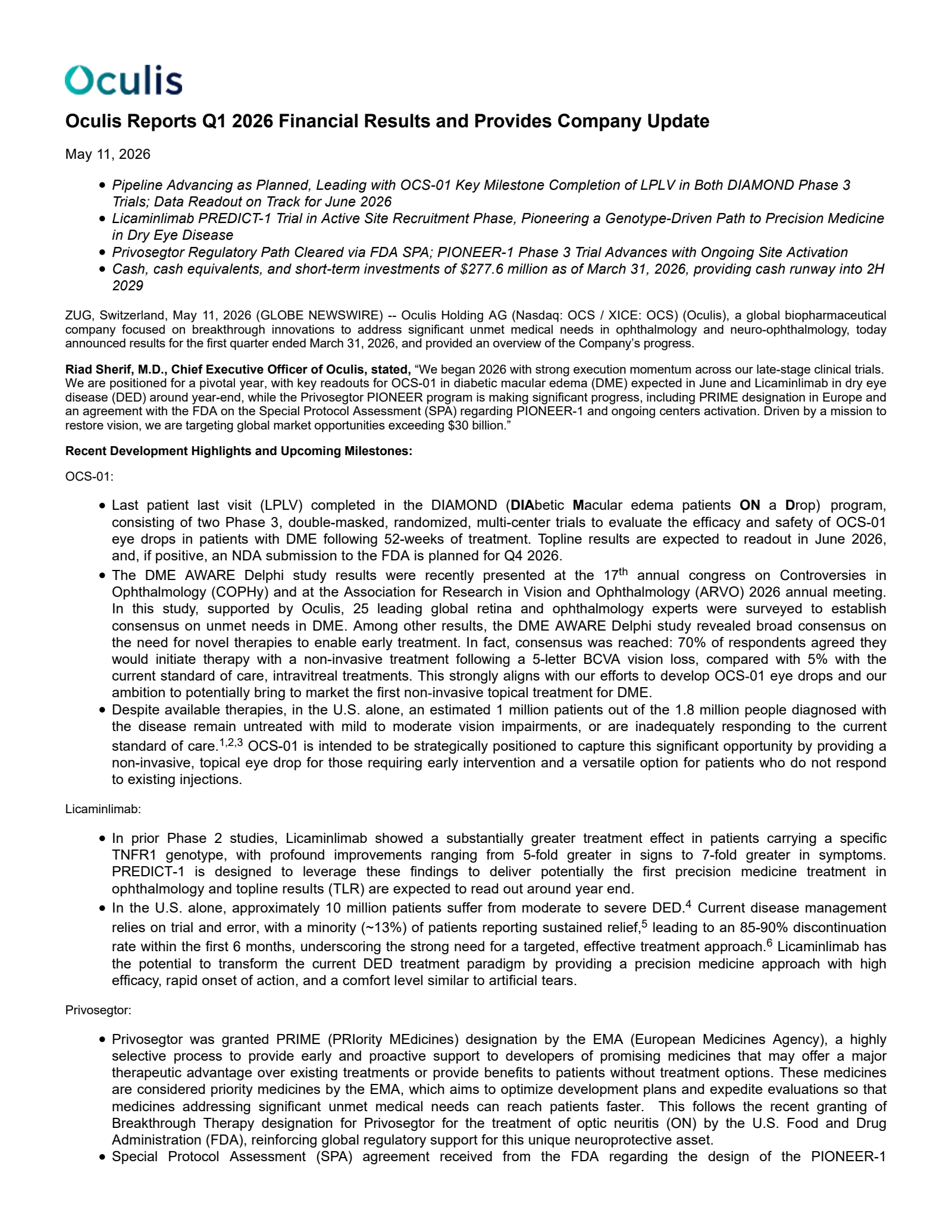 Oculis' Q1 2026 Press Release