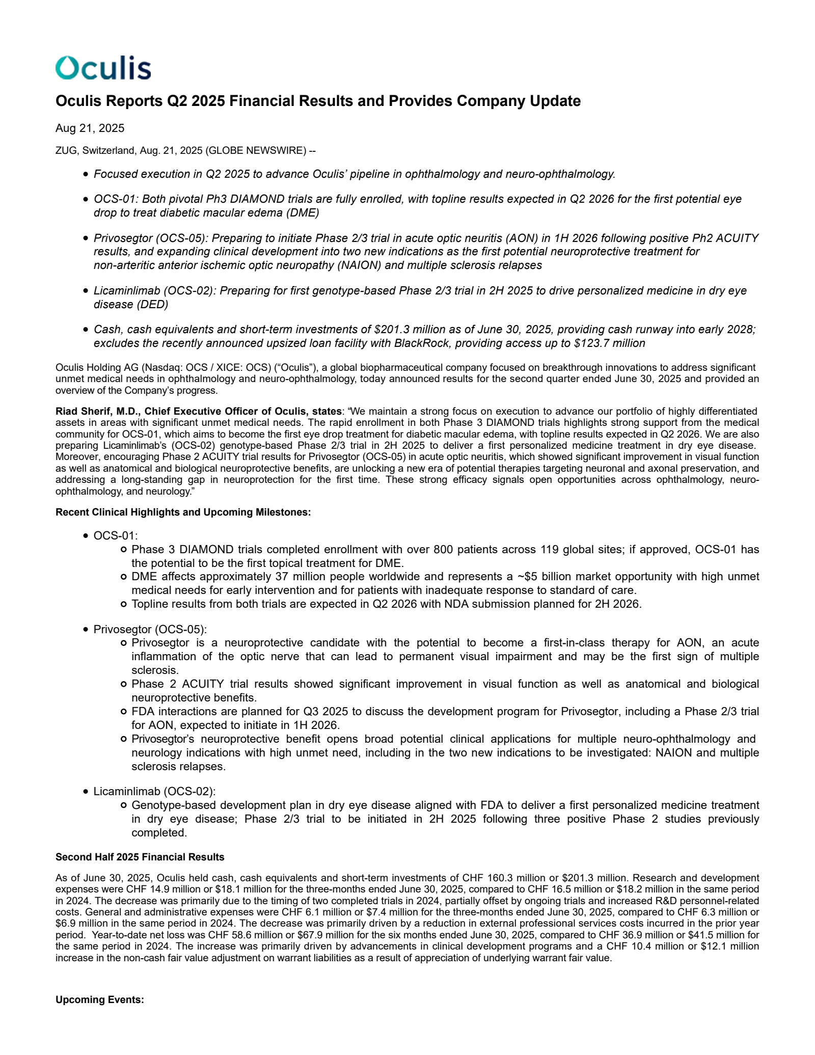 Oculis' Q2 2025 Press Release