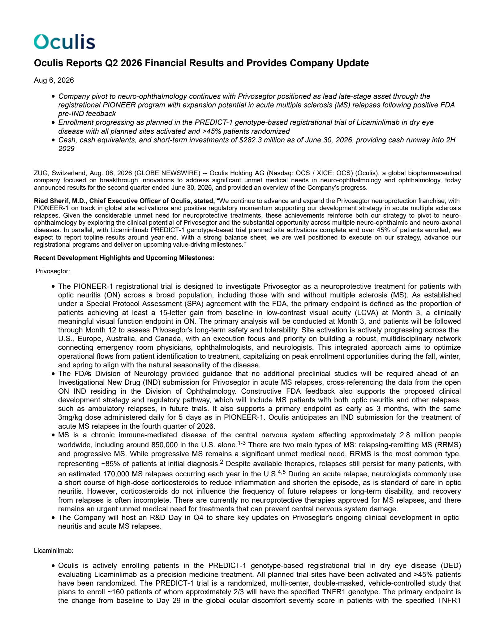 Oculis' Q2 2026 Press Release