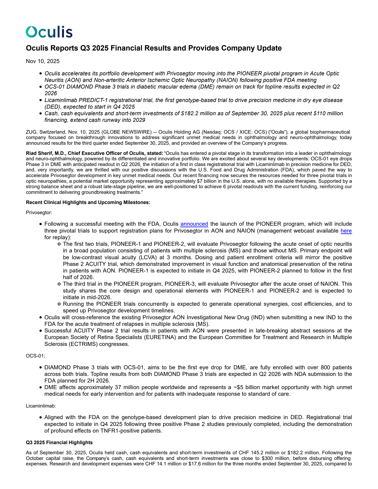 Oculis' Q3 2025 Earnings Release