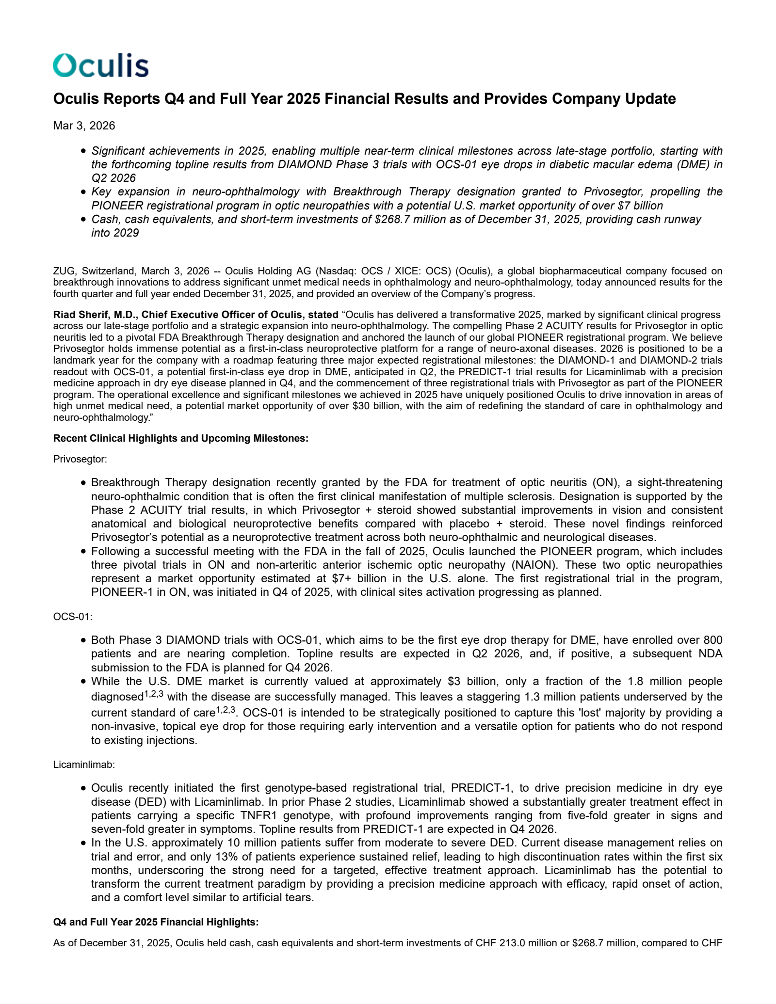Oculis' Q4 2025 Press Release