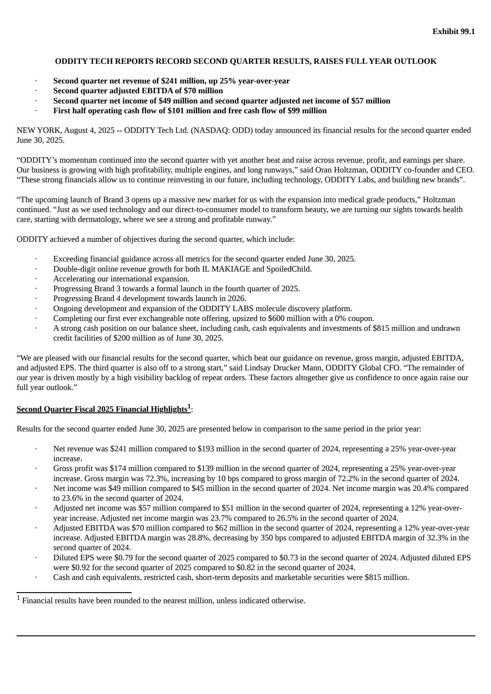 ODDITY Tech's Q2 2025 Press Release