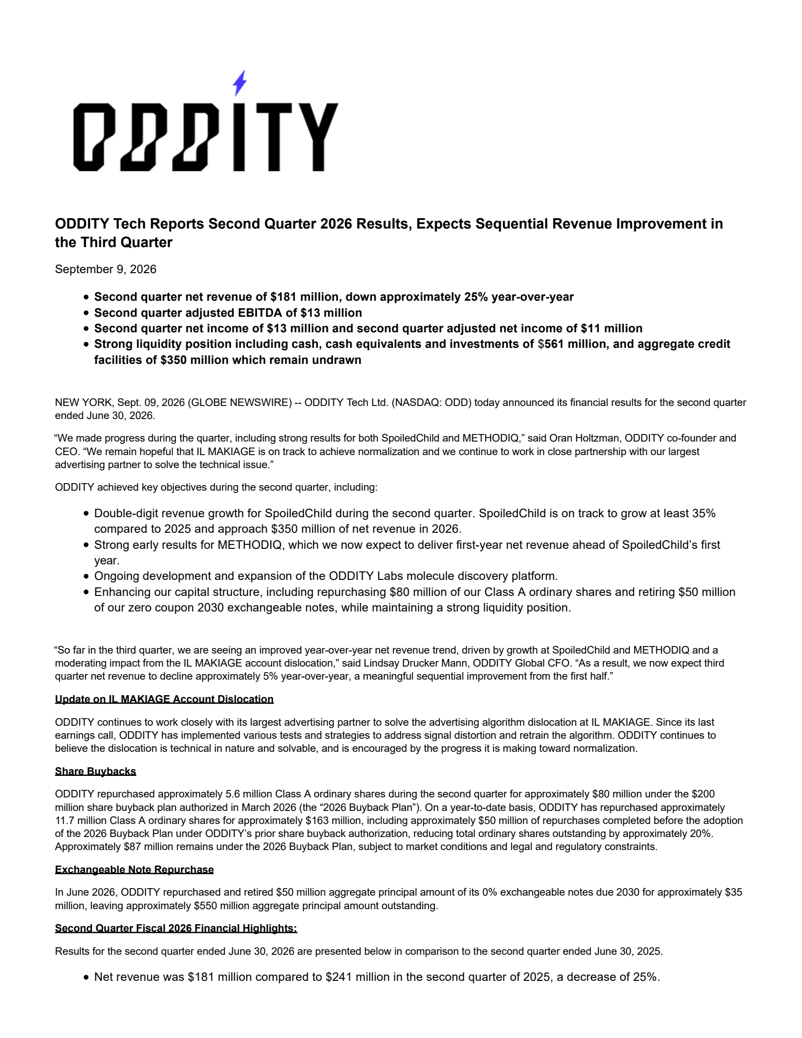 ODDITY Tech's Q2 2026 Press Release