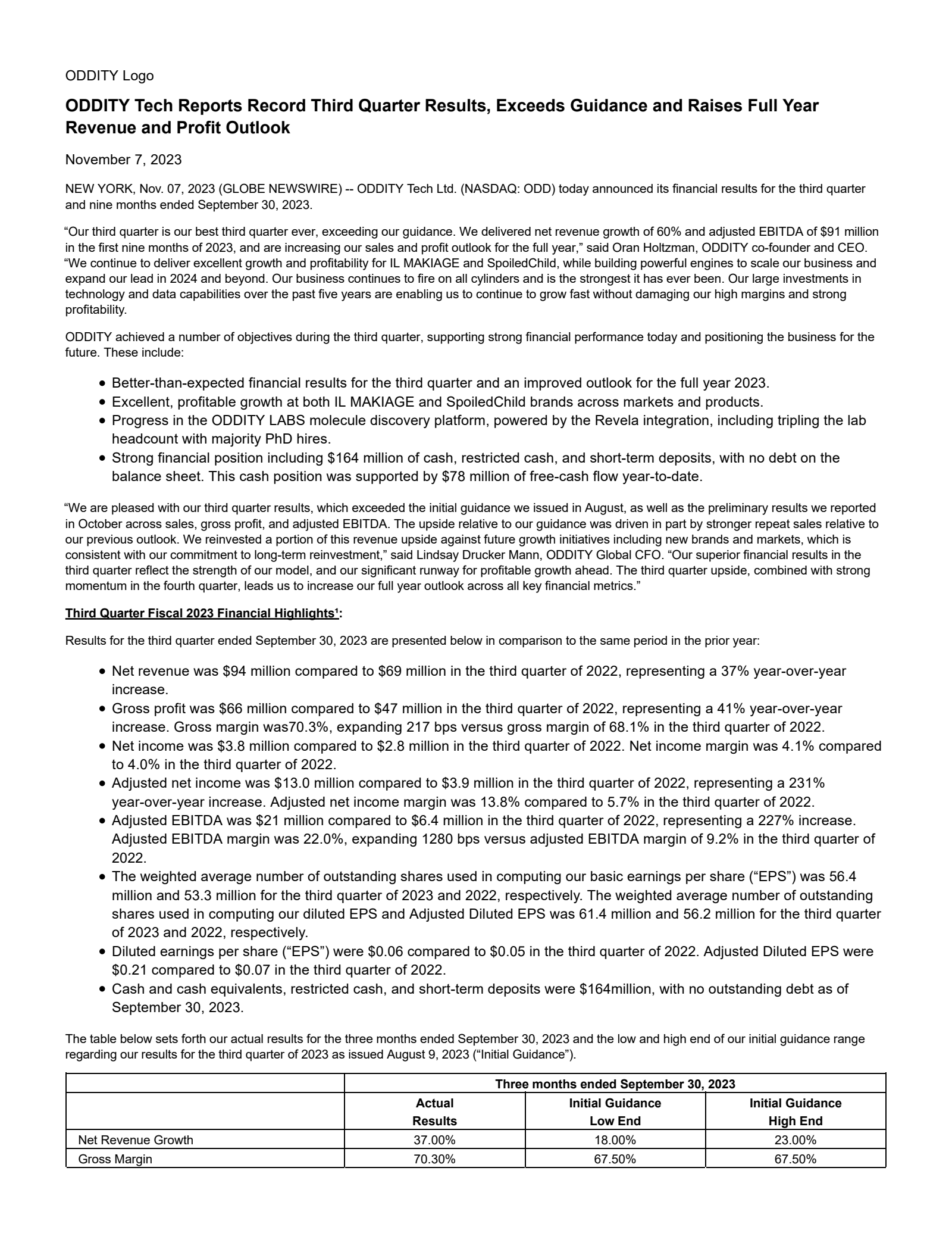 Oddity Tech's Q3 2023 Press Release
