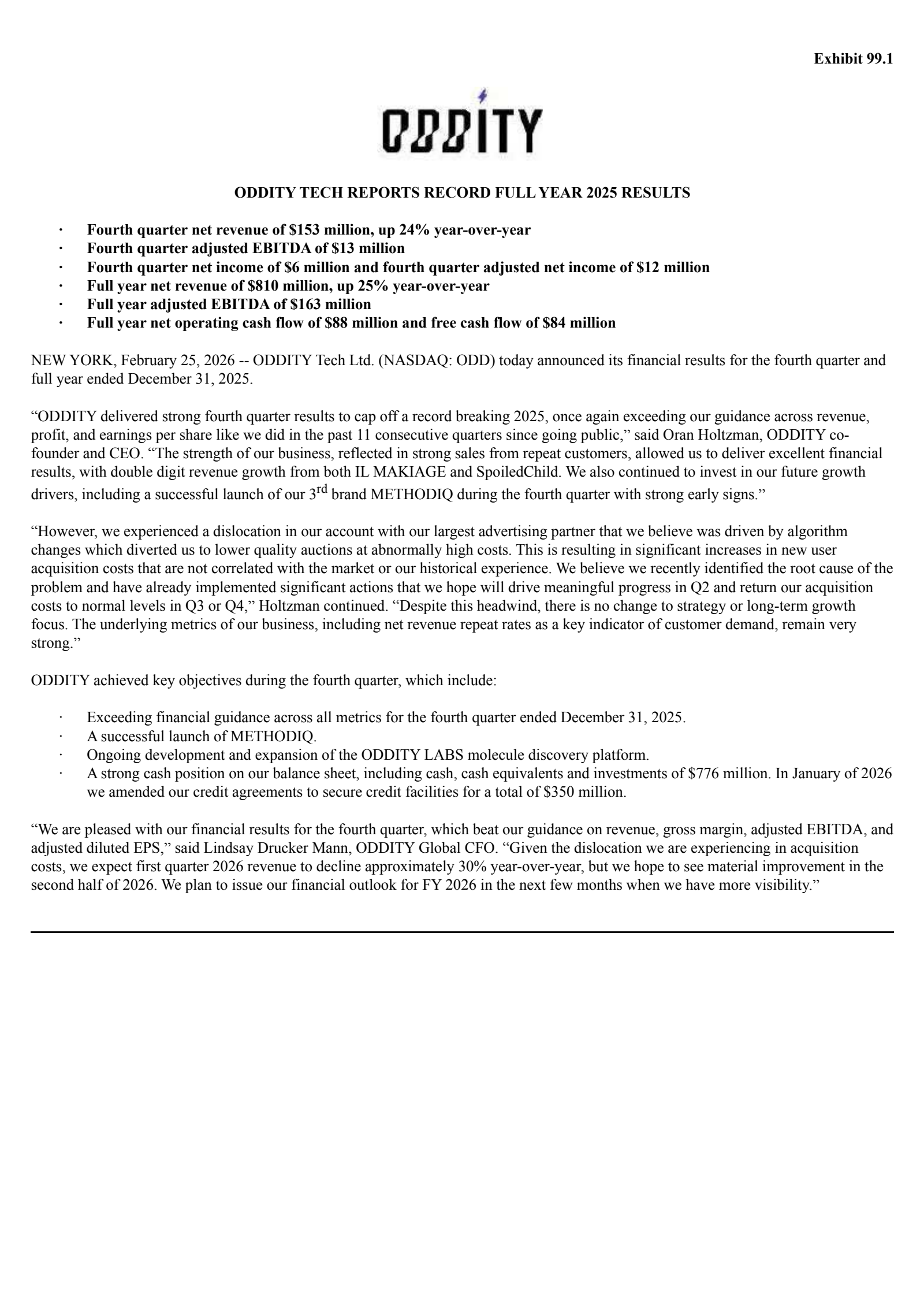 ODDITY Tech's Q4 2025 Press Release