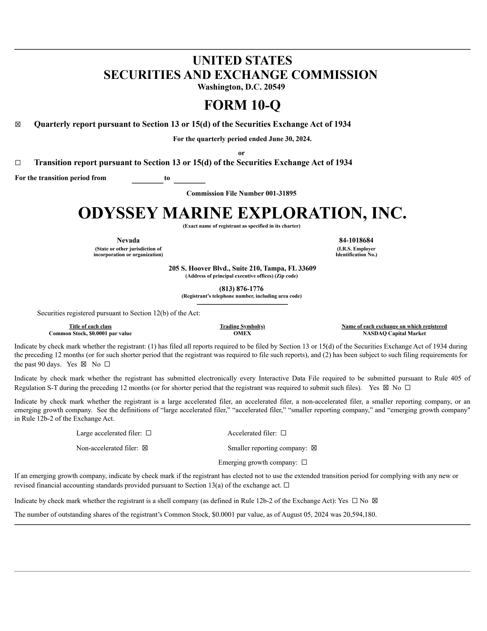 Odyssey Marine Exploration's Q2 2024 Press Release